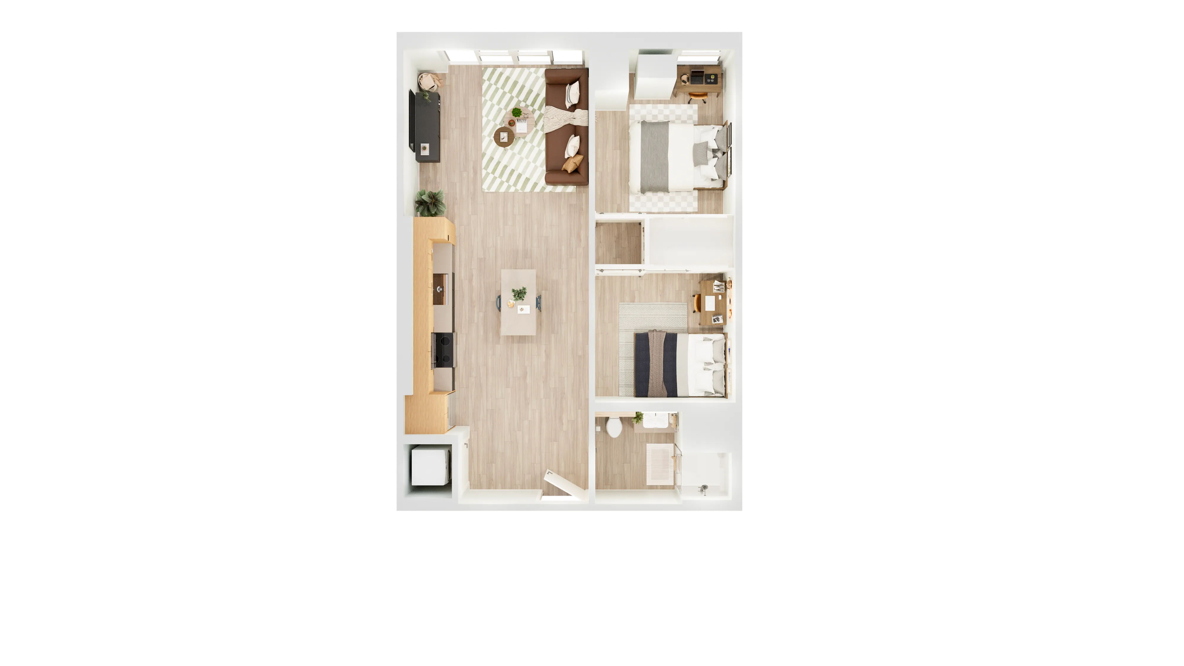 Contemporary 2D floor plan showcasing 2 bedrooms, an open kitchen with island, cozy living area, and modern bathroom.