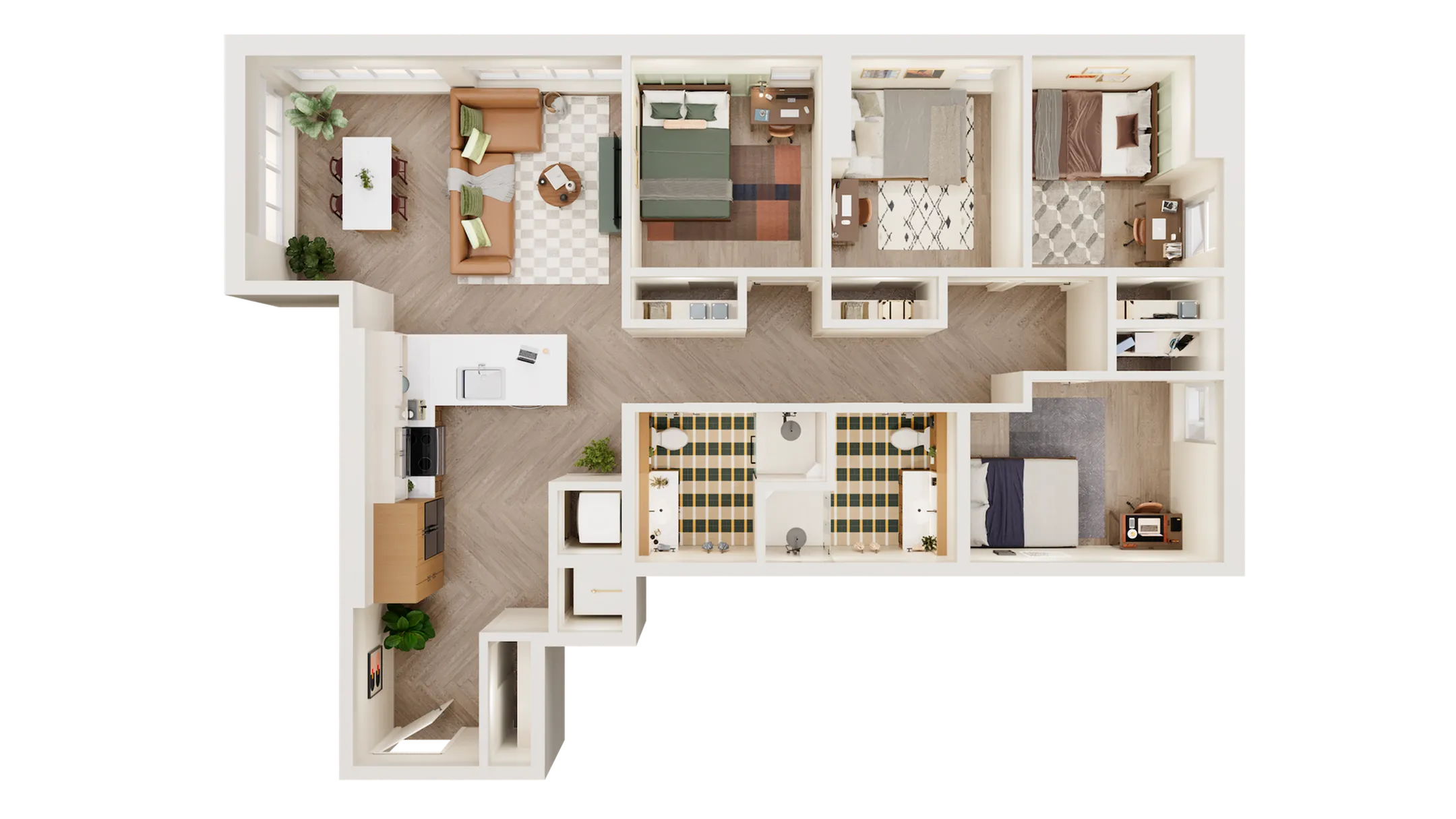 Modern floor plan showcasing 3 bedrooms, a stylish living room, open kitchen, and dual bathrooms for convenient urban living.