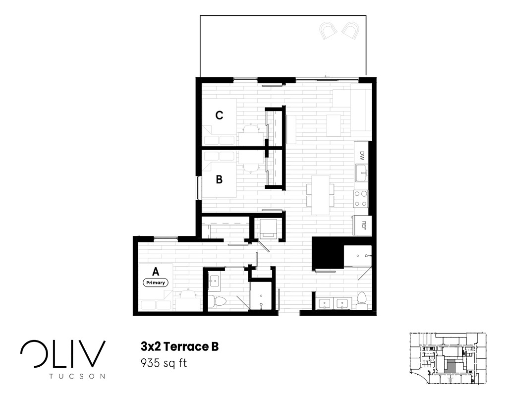 Modern 3x2 Terrace B floor plan, featuring three bedrooms, an open kitchen, and spacious living area in 935 sq ft layout.