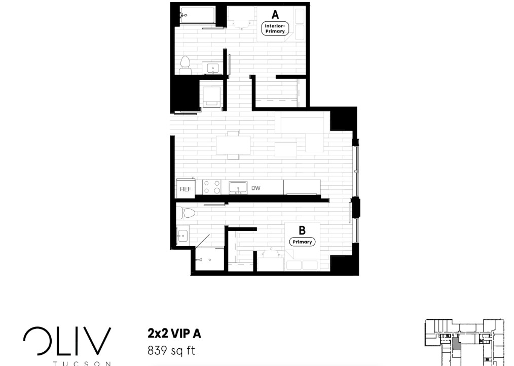 Modern floor plan for Oliv Tucson, featuring a 2x2 VIP layout with 2 bedrooms and stylish open living space, 839 sq ft.