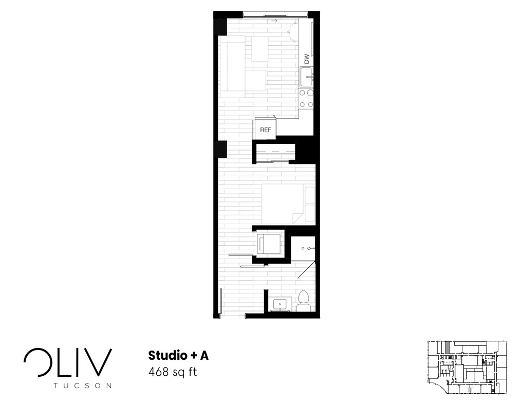 Modern studio floor plan, 468 sq ft, featuring an open layout with a cozy living area, compact kitchen, and a well-designed bathroom in Oliv Tucson.