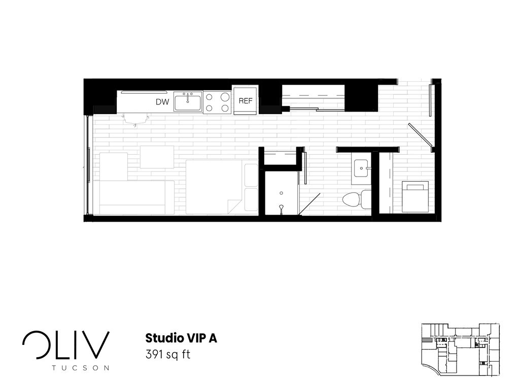 Chic Studio VIP A floor plan with an open layout, modern kitchen, and cozy bathroom, covering 391 sq ft at Oliv Tucson.