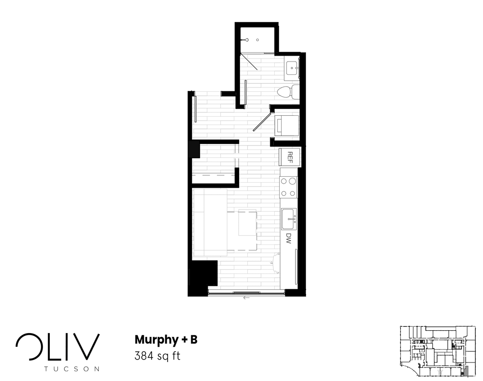 Chic studio apartment floor plan featuring an efficient layout with integrated kitchen and living area, sleek bathroom, and compact design at 384 sq ft in Oliv Tucson.
