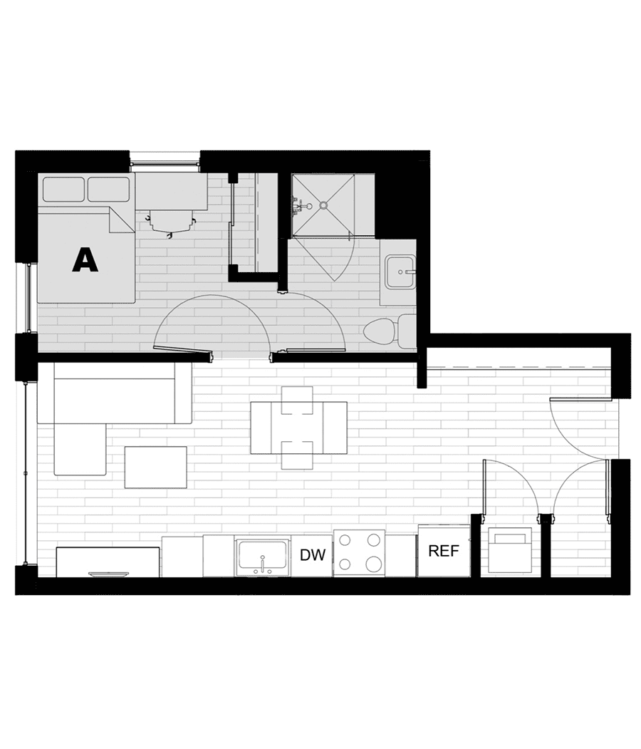 Modern floor plan showcasing a cozy 1-bedroom apartment with open living space and sleek kitchen design.
