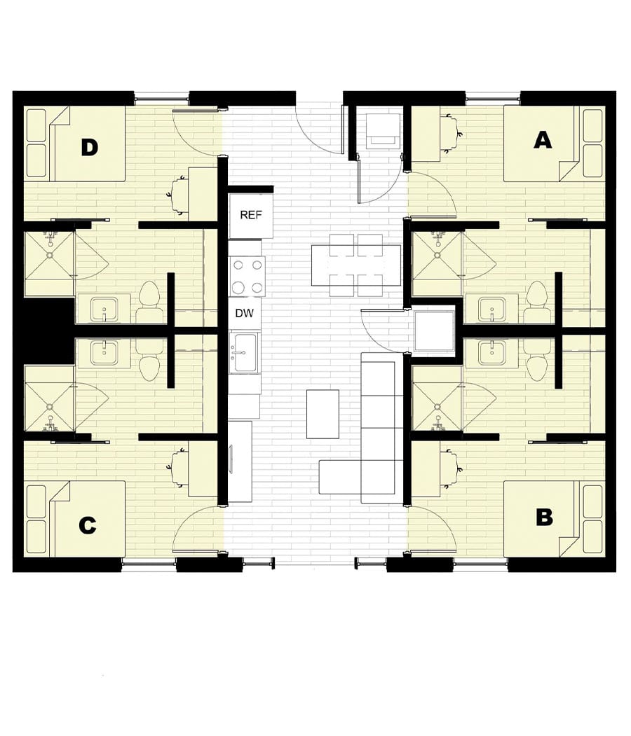 Modern apartment floor plan showcasing four bedrooms, spacious open-concept kitchen, and cozy living area.