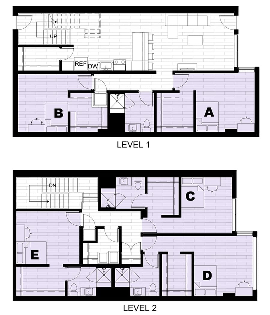 Modern dual-level floor plan featuring 5 bedrooms, open-plan living area, and sleek kitchen, ideal for stylish living.