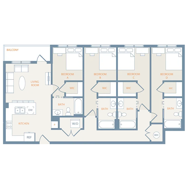 Elegant floor plan featuring 4 bedrooms each with walk-in closets, modern kitchen, spacious living room, and a cozy balcony.