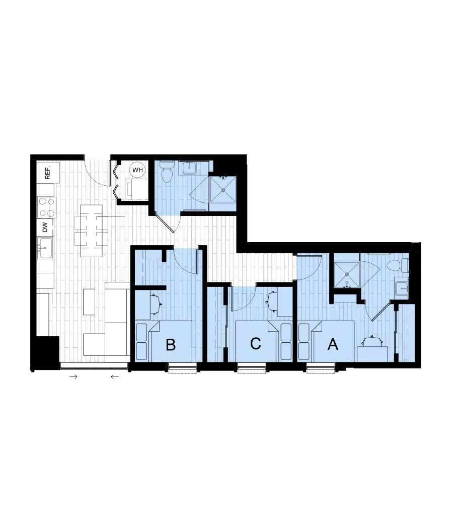 Hub East Lansing - Three-Bedroom Floorplan