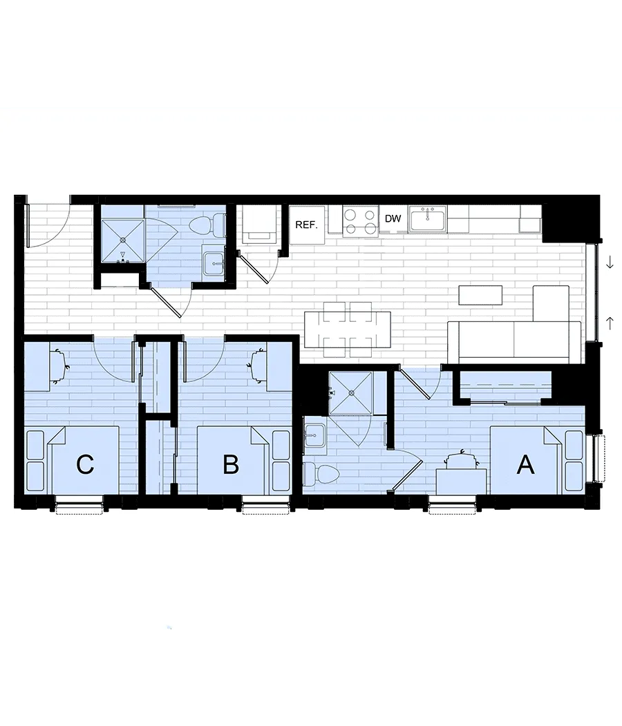Hub East Lansing - Three-Bedroom Floorplan