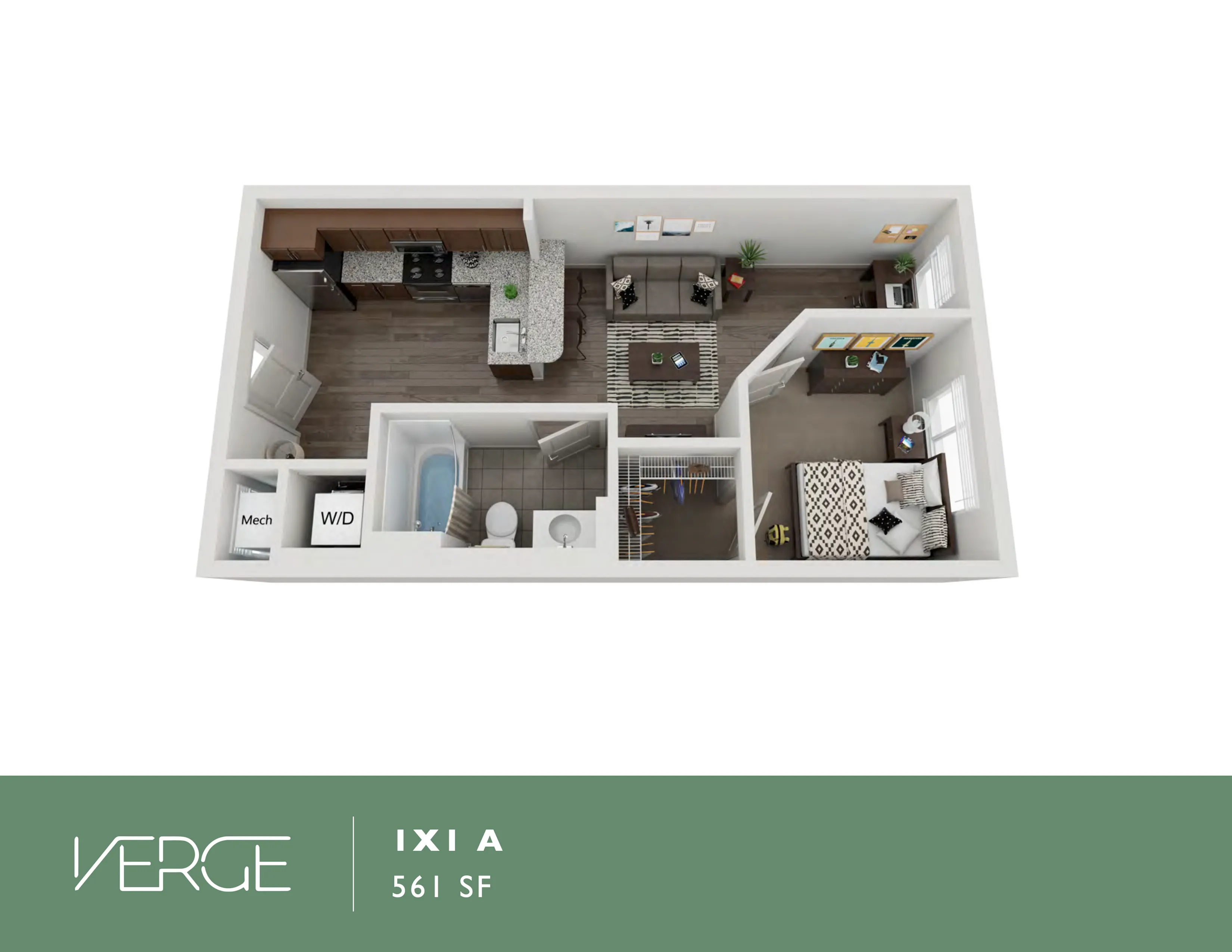 Modern 3D floor plan of Ixia A at Verge, featuring a chic 1-bedroom layout with an open-concept kitchen and cozy living area, 561 sq ft.