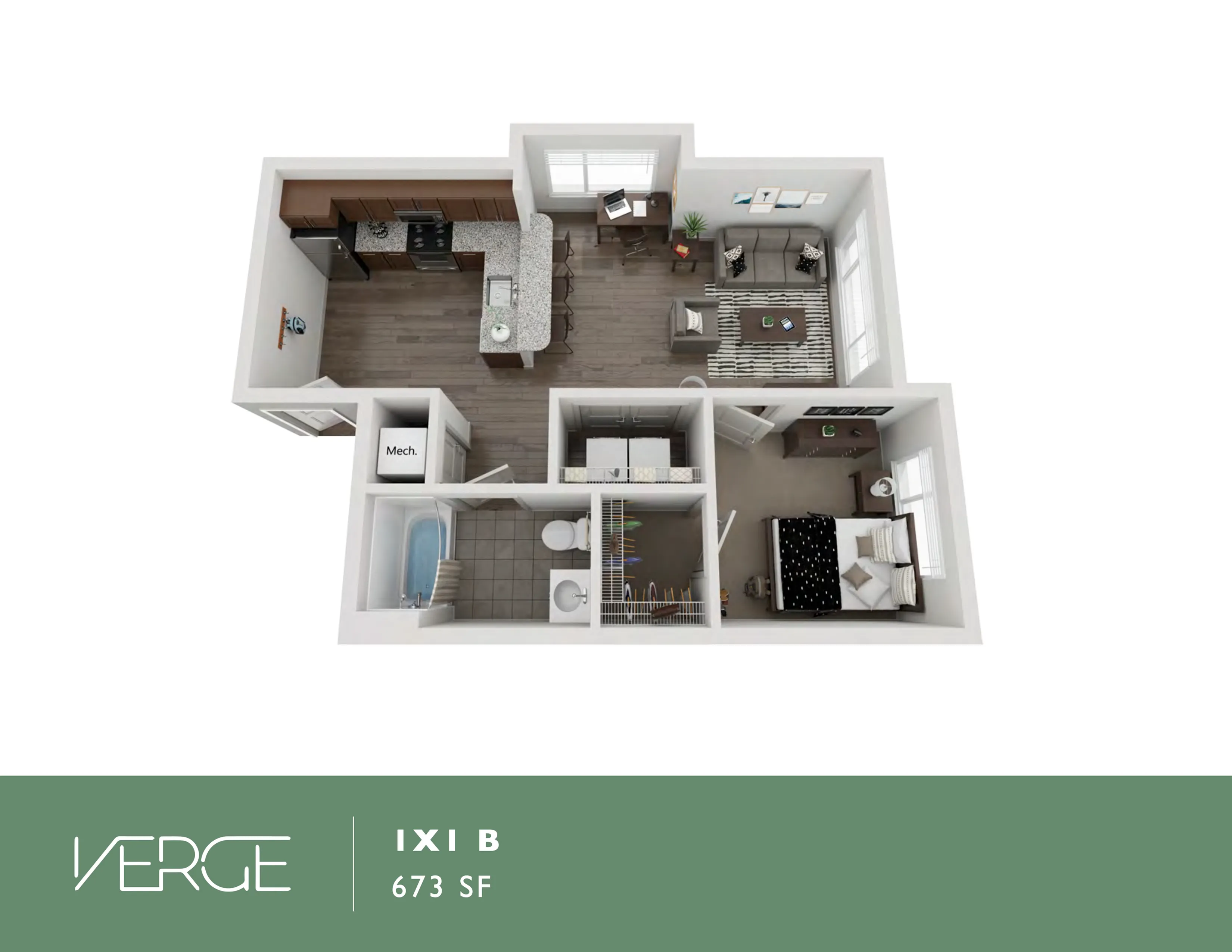 Contemporary 3D floor plan of Verge 1X1B unit showcasing a 673 sq ft layout with a cozy bedroom, modern kitchen, inviting living area, and spacious bathroom.