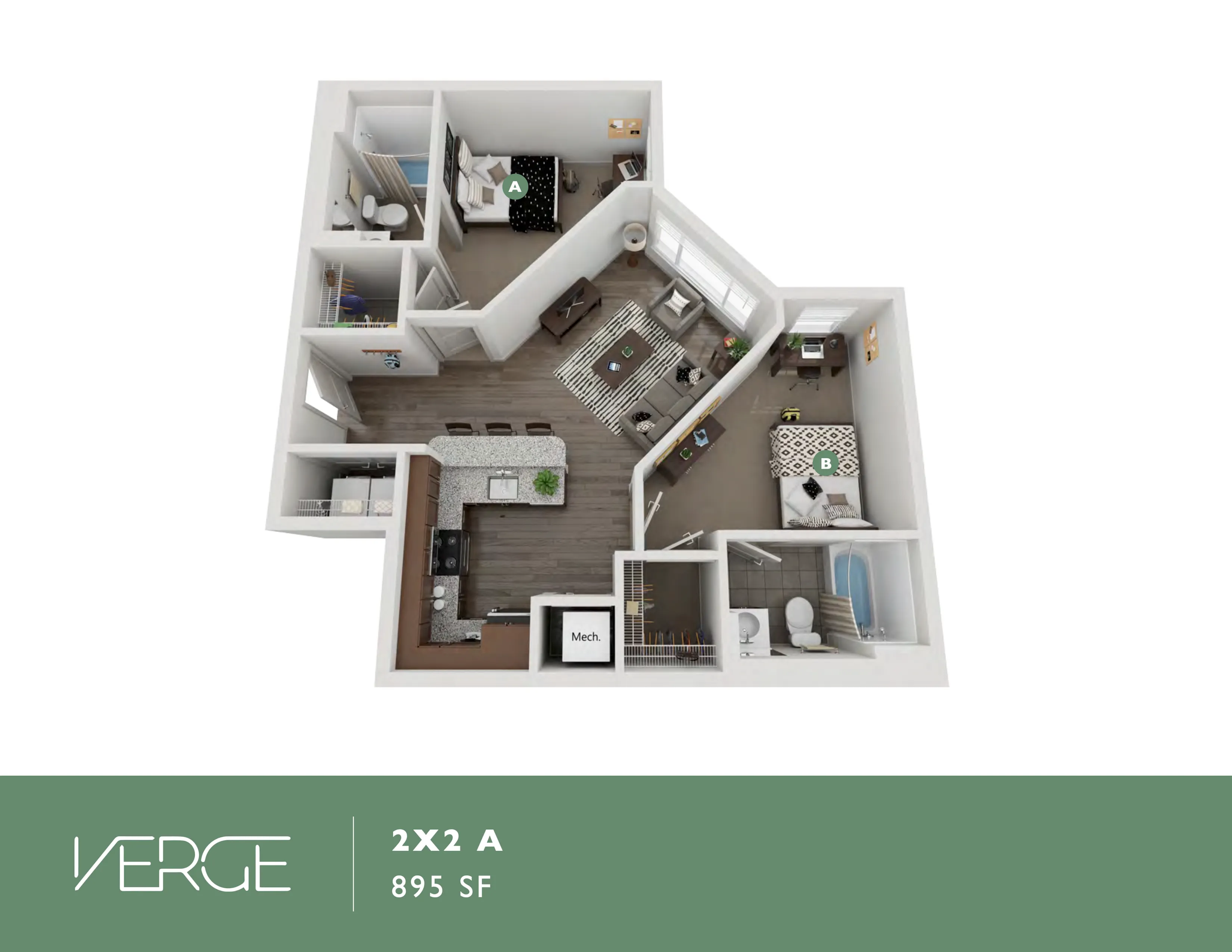 Chic 3D floor plan featuring 2 bedrooms, open living space, modern kitchen, and 2 bathrooms in the Verge 895 SF layout.
