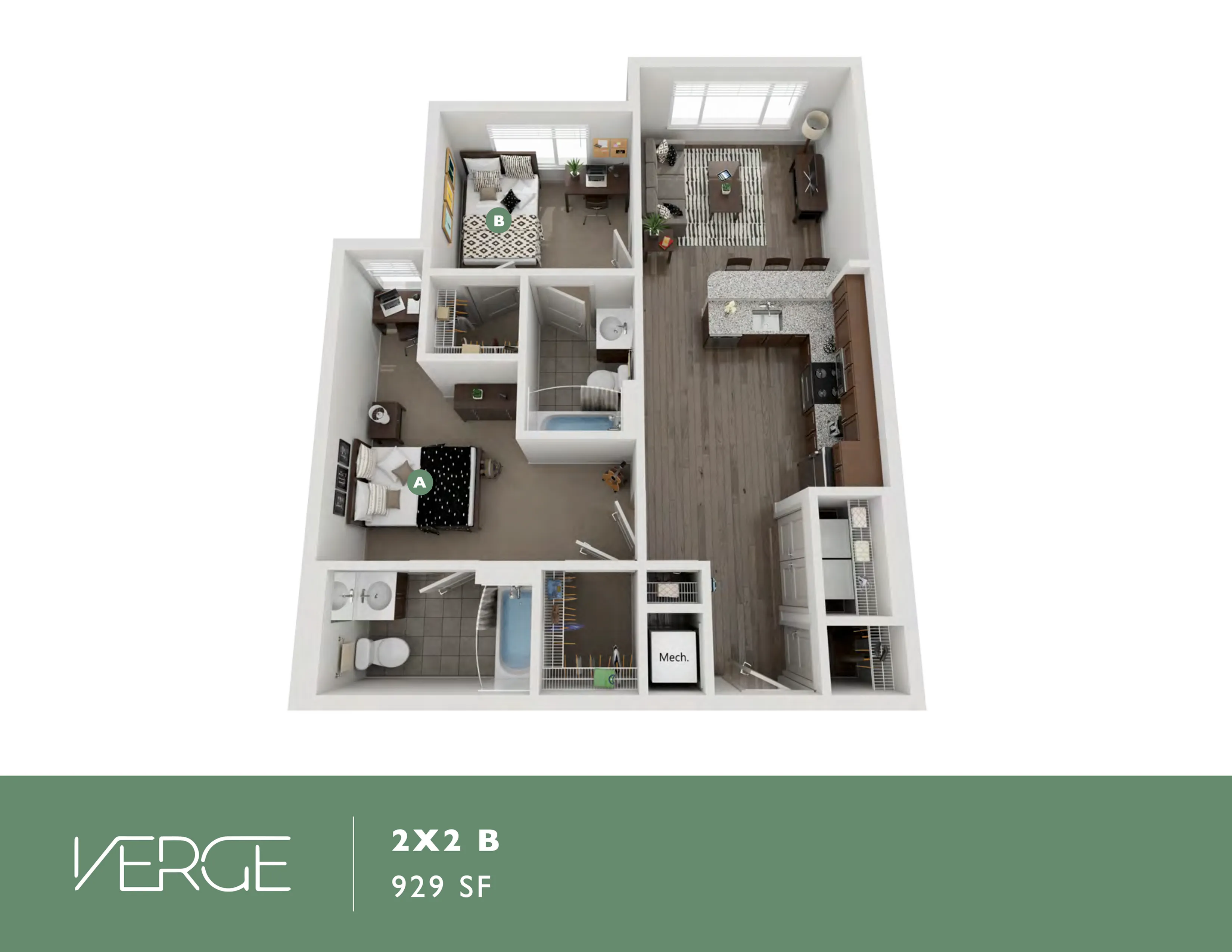 Elegant 3D floor plan featuring 2 bedrooms, modern kitchen, open-concept living area, and 929 sq ft of stylish living space.
