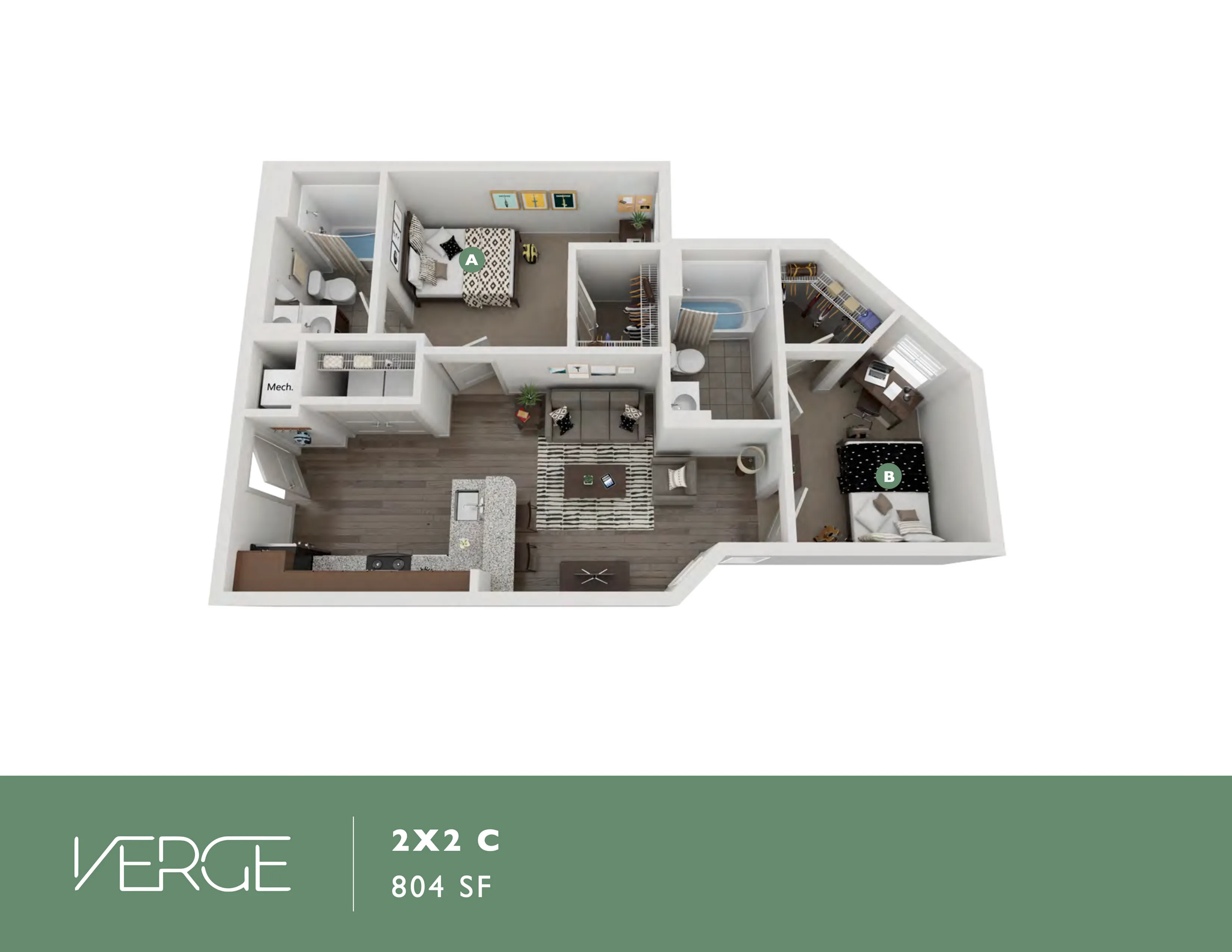 Modern 3D floor plan of Verge apartment, 2x2 C layout, featuring two spacious bedrooms, open-concept living and dining area, sleek kitchen, two stylish bathrooms, and 804 sq ft of elegant living space.