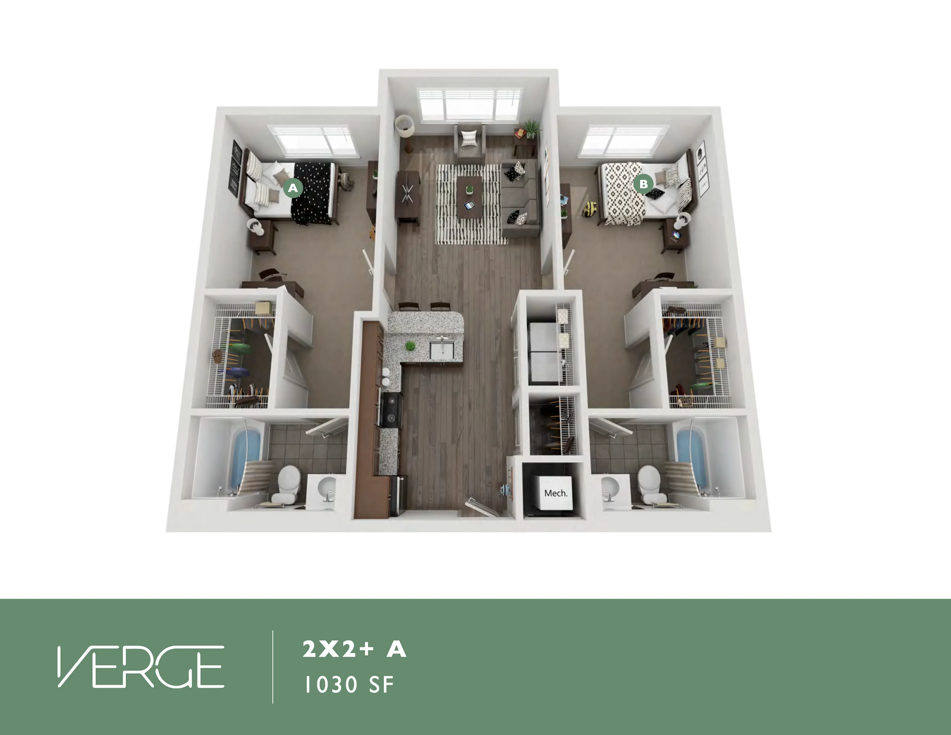Contemporary 3D floor plan showcasing a 2-bedroom, 2-bathroom layout with open-concept living area, modern kitchen, and 1030 sq ft of stylish living space.