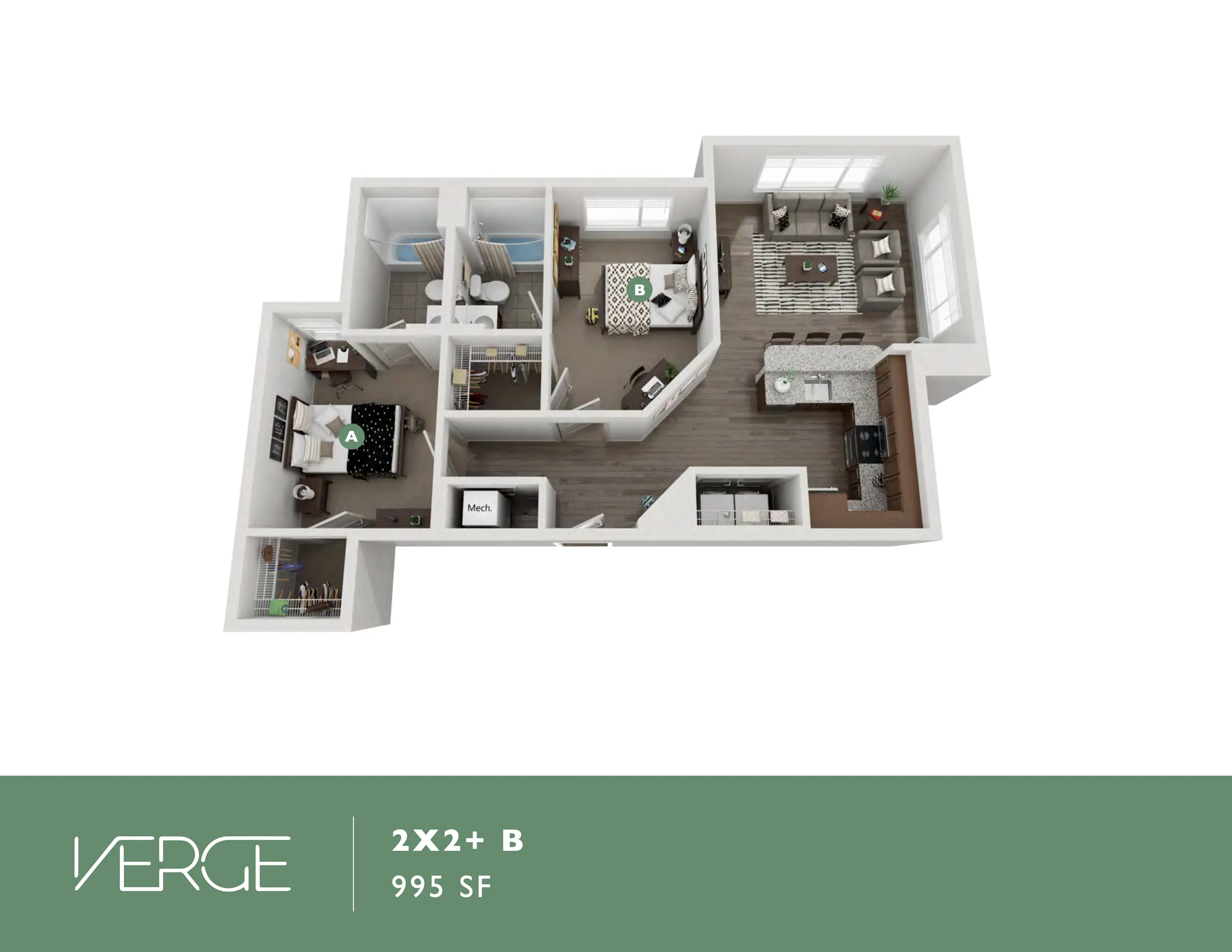 Modern 3D floor plan featuring 2 bedrooms, 2 bathrooms, and an open-concept living area with a stylish kitchen, totaling 995 sq ft.