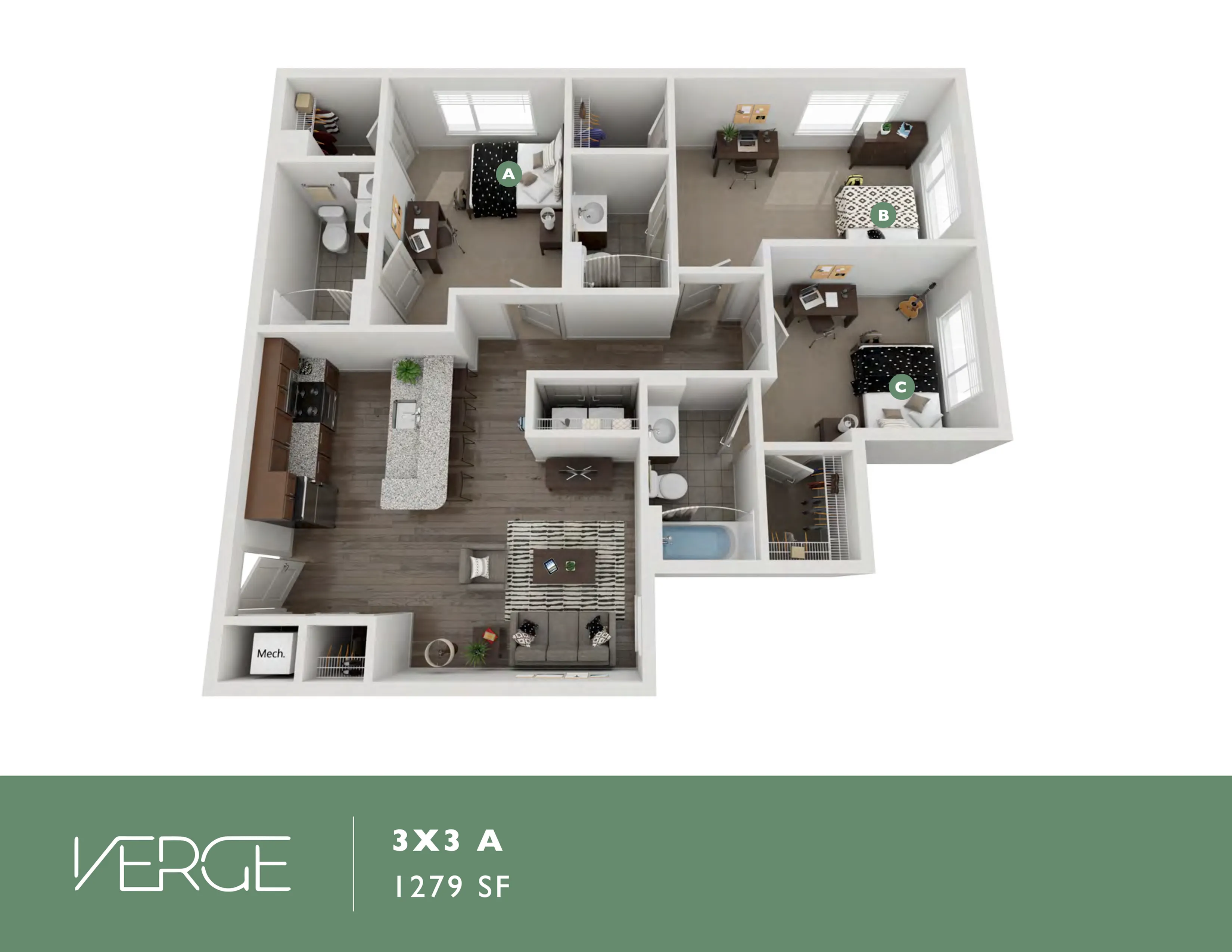 Modern 3D floor plan showcasing a spacious 3-bedroom, 3-bath apartment with open-plan kitchen and living area, totaling 1279 sq ft.