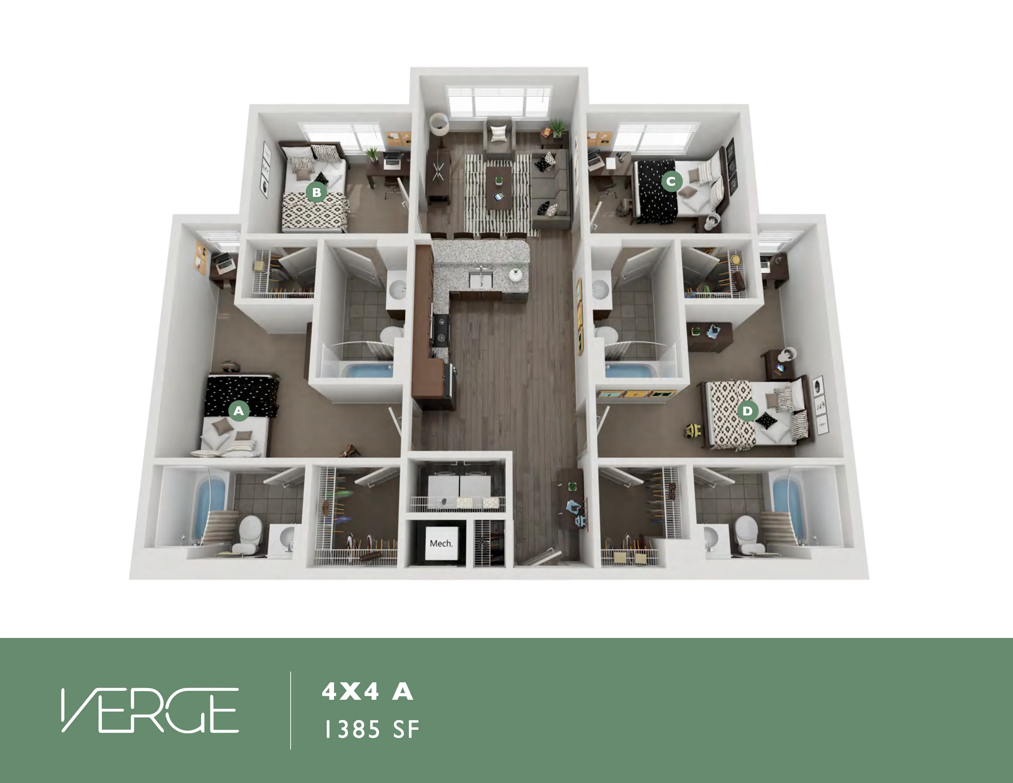 Elegant 3D floor plan featuring a spacious 4-bedroom, 4-bath layout with modern amenities and a central living area in 1385 SF.