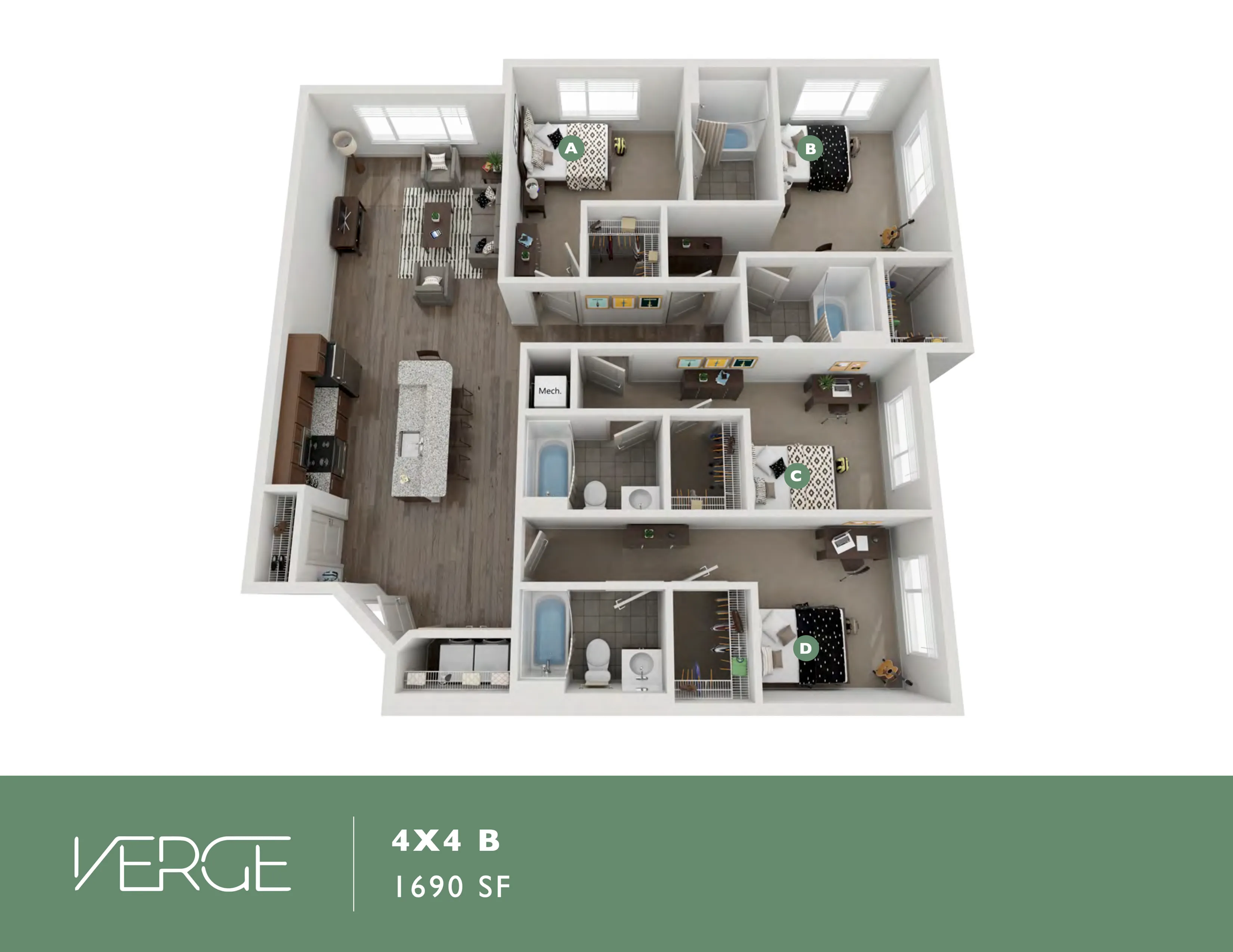 Modern 3D floor plan of Verge 4x4 B apartment with 4 bedrooms, spacious living area, and sleek kitchen, 1690 sq ft.