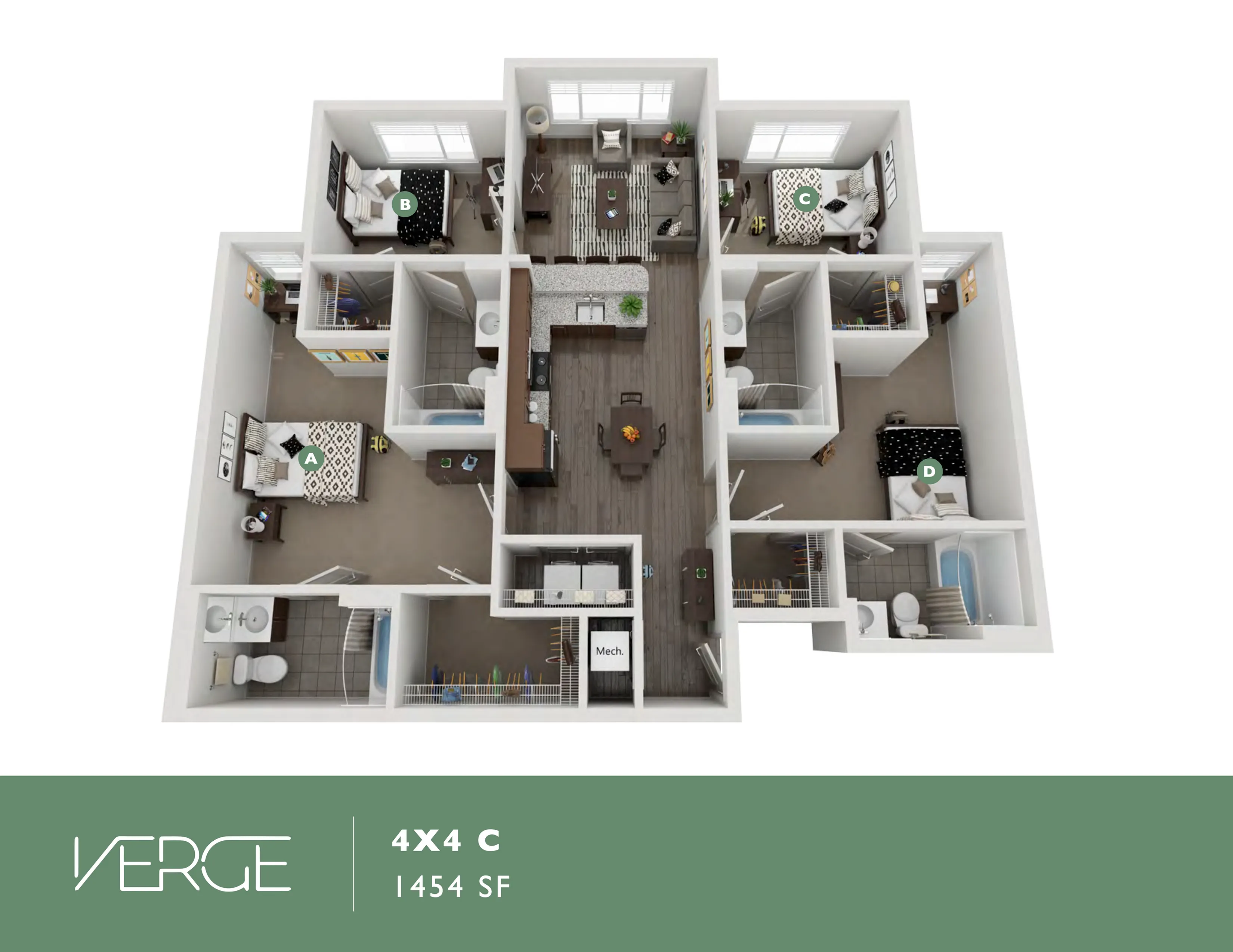 Modern 3D floor plan for Verge showcasing 4 spacious bedrooms, contemporary open-concept living area, and sleek kitchen design, 1454 sq ft.