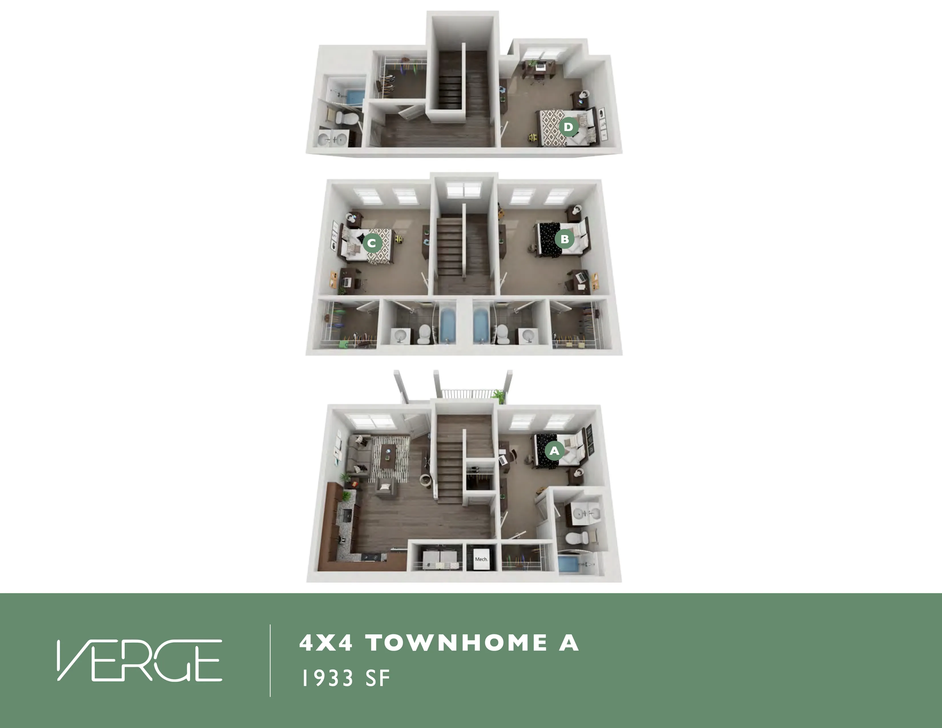 Elegant 3D floor plan of a spacious 4x4 townhome featuring four bedrooms, open-concept living area, and modern kitchen, covering 1933 square feet.