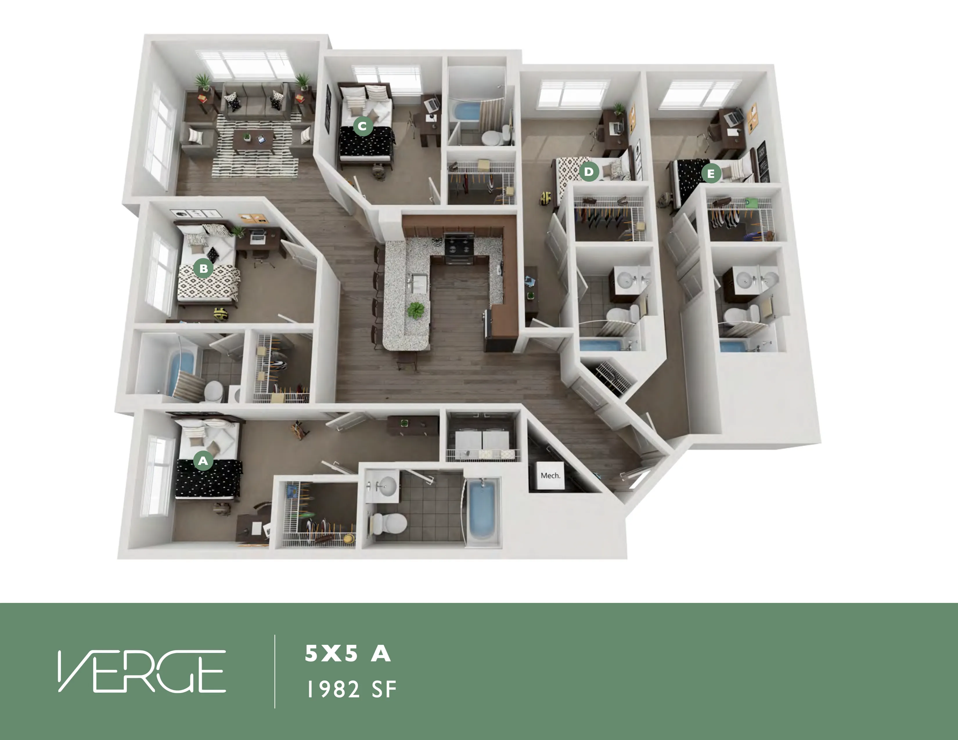 Spacious 5-bedroom floor plan with a modern open kitchen, elegant living area, and ample natural light, spanning 1982 sq ft.