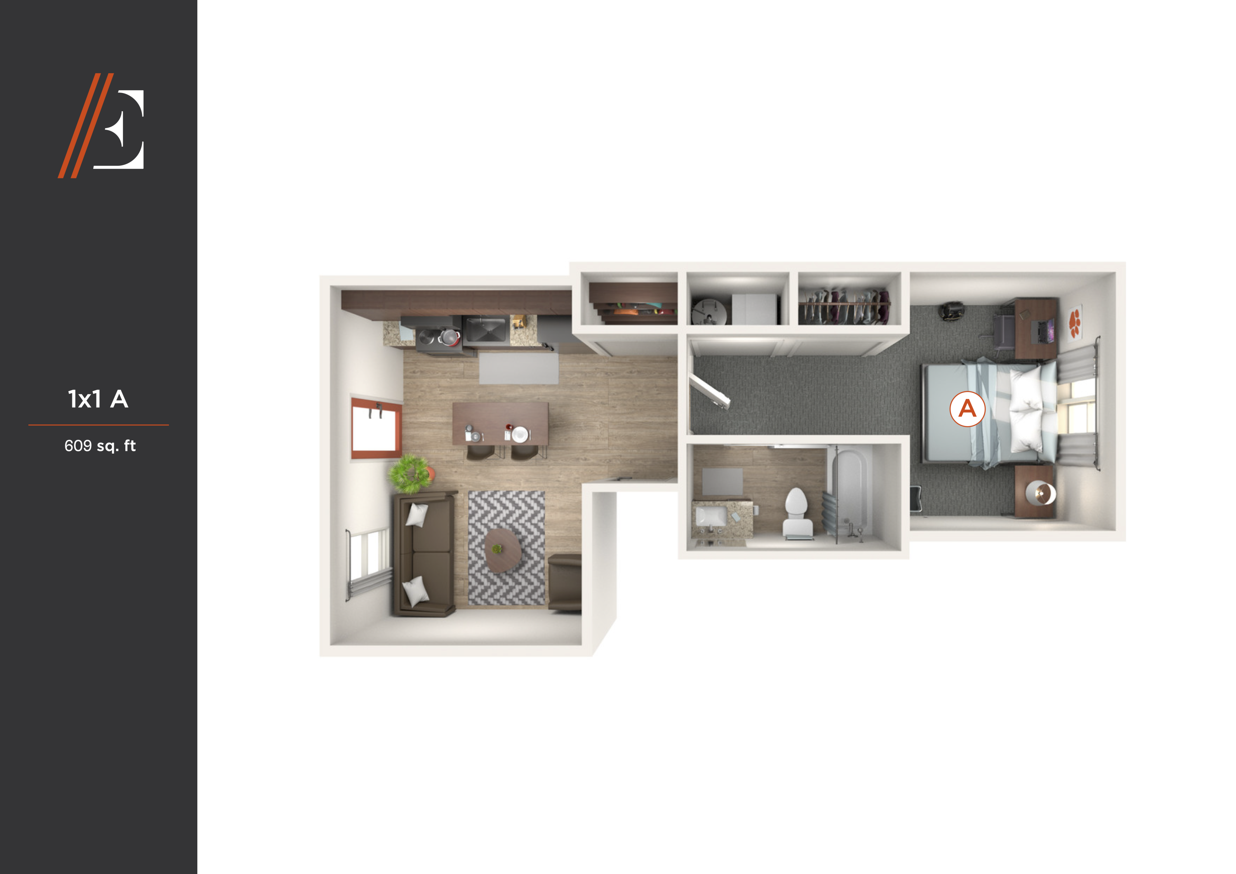 Modern 3D floor plan of a cozy 1-bedroom apartment featuring an open-concept living and dining area with stylish furnishings, a compact kitchen, and a sleek bathroom, all within 609 sq. ft.