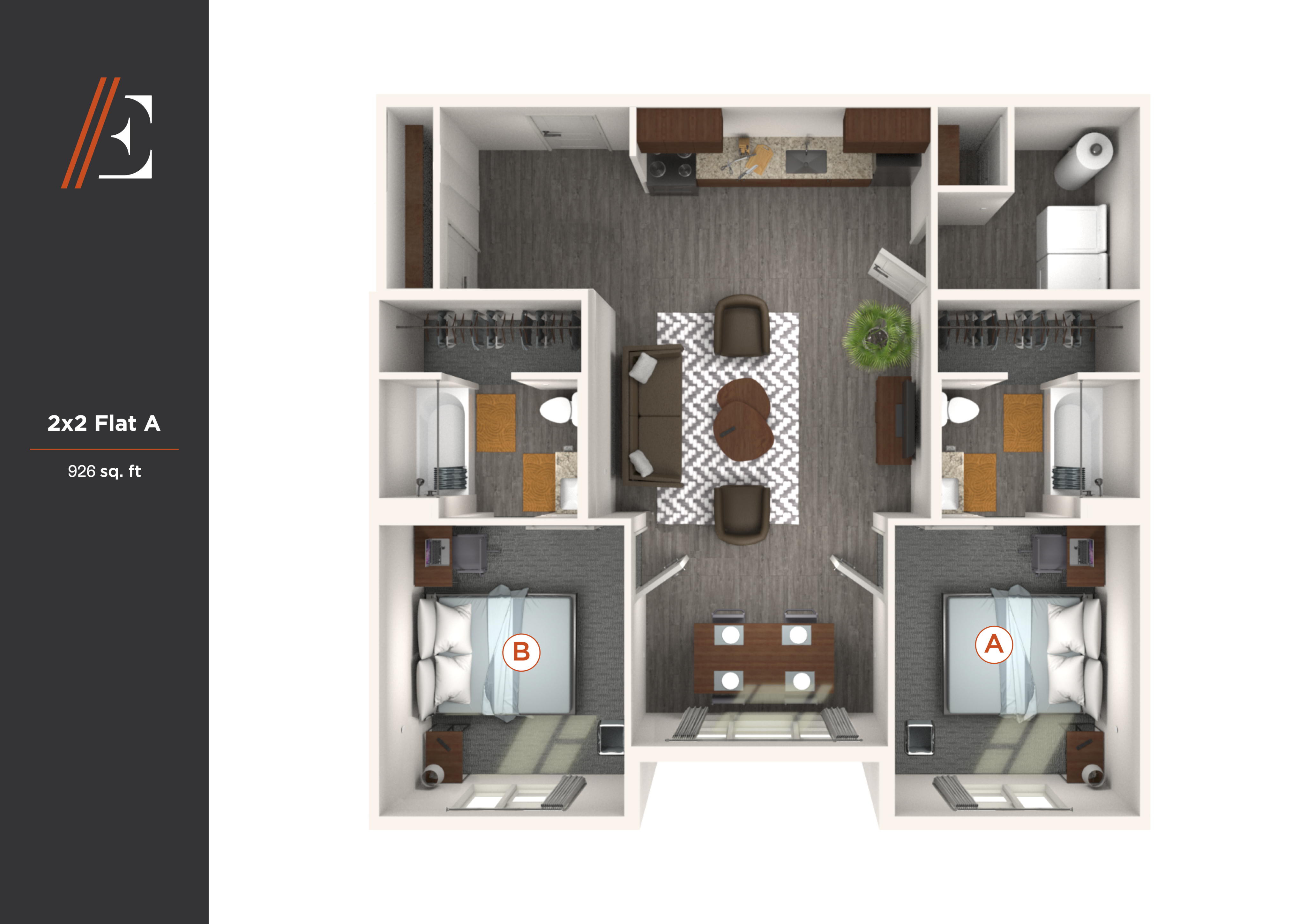Modern 2x2 Flat A floor plan showcasing 926 sq. ft. with two spacious bedrooms, a cozy living area, stylish kitchen, and two elegant bathrooms.