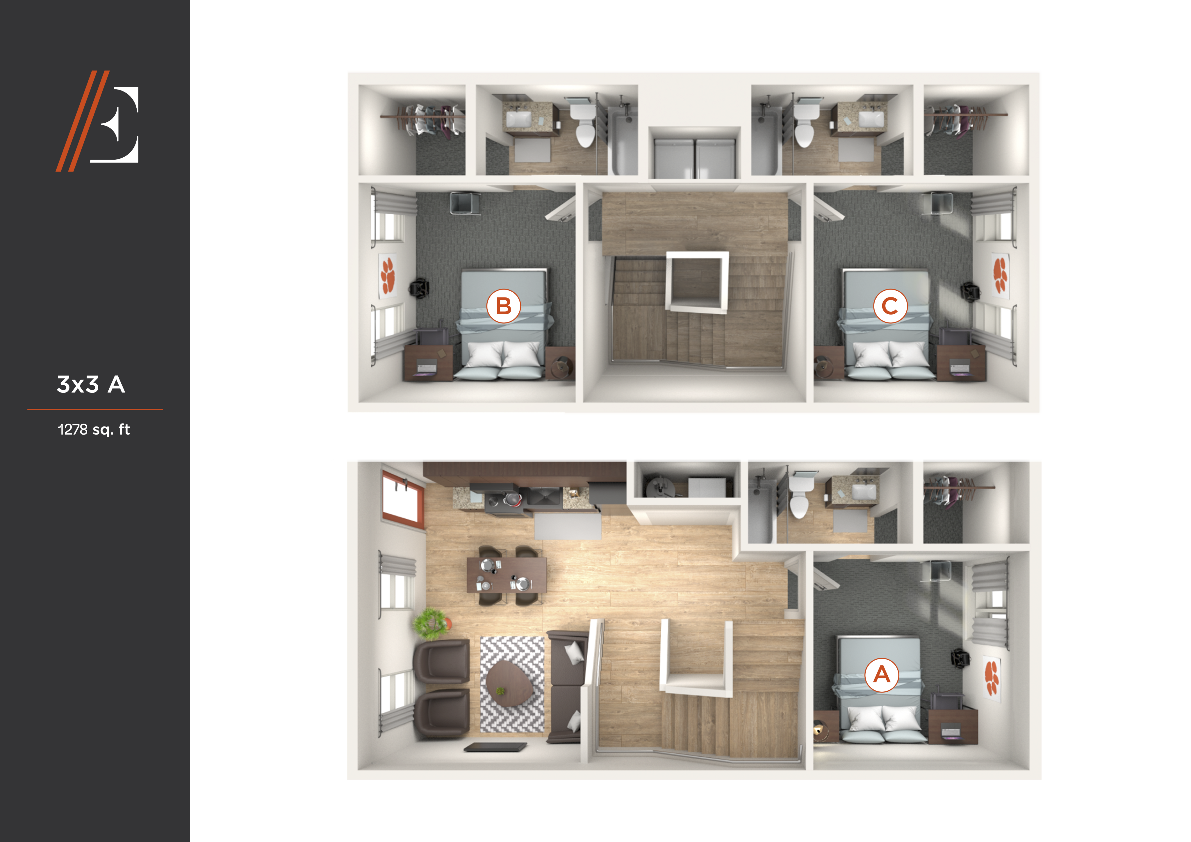 Modern 3x3 A floor plan showcasing three bedrooms, stylish open-concept living area, and cozy kitchen, covering 1278 sq ft.