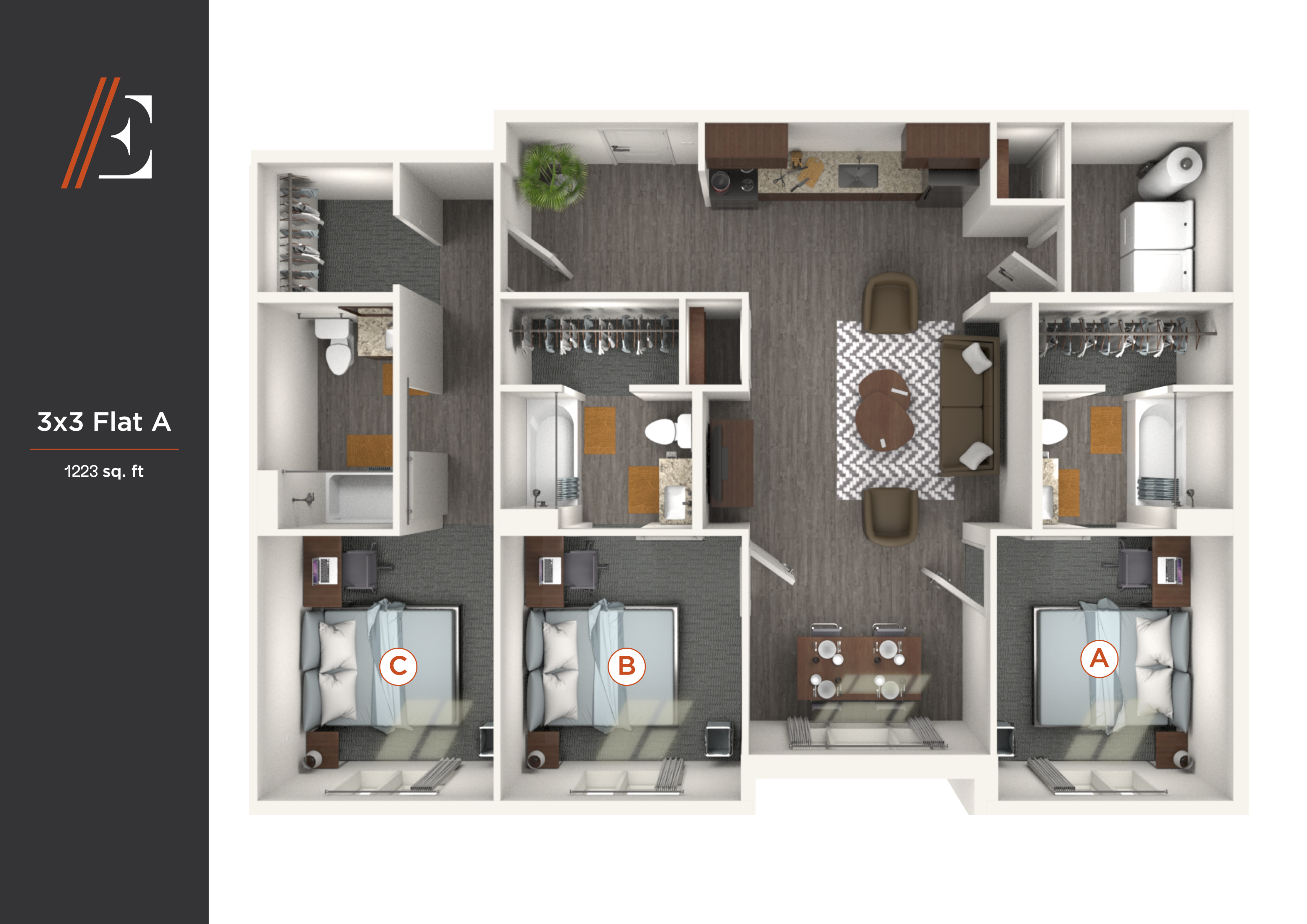 Contemporary 3D floor plan showcasing a 3-bedroom, 3-bath flat with open-concept living and dining area, modern kitchen, and spacious layout covering 1223 sq. ft.
