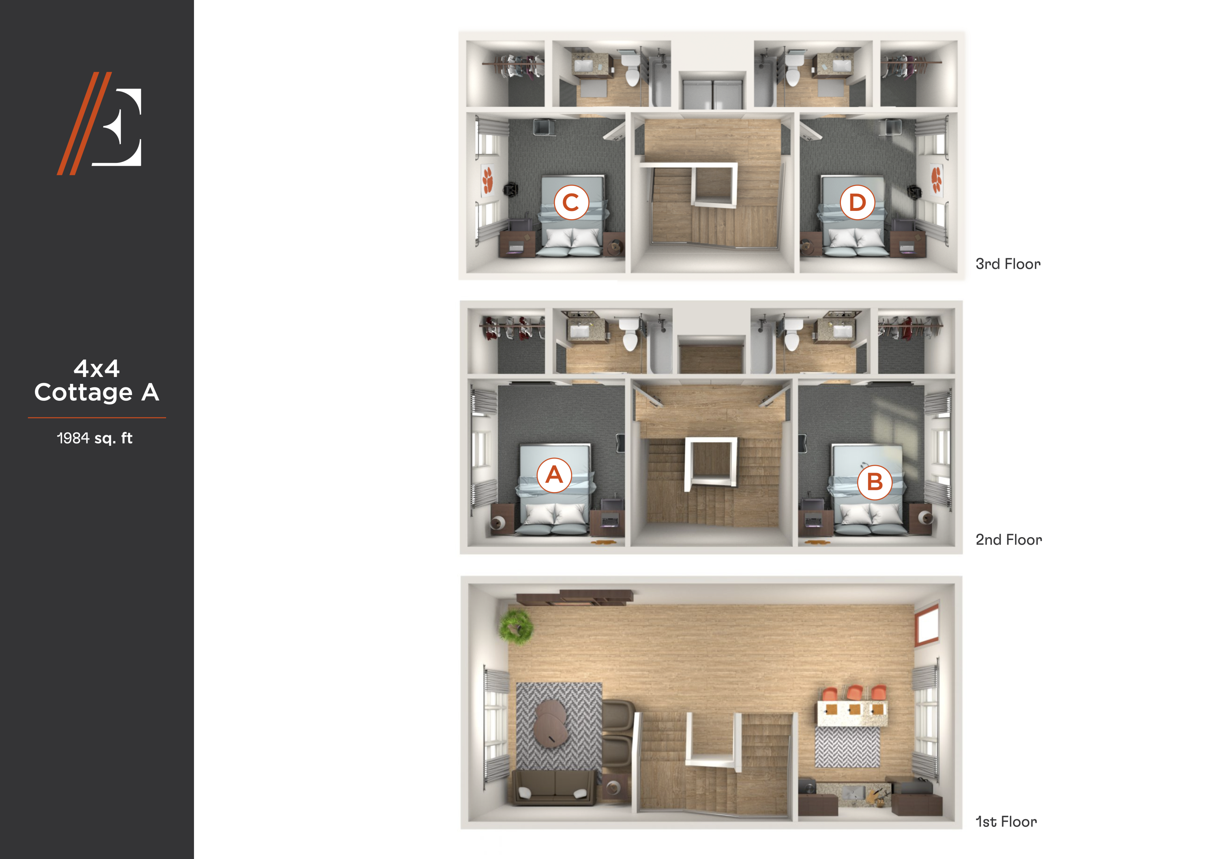 Elegant 3D floor plan of Cottage A, 1984 sq. ft., featuring four luxurious bedrooms on the 2nd and 3rd floors and an open-concept living and dining area on the 1st floor. Ideal for modern living.