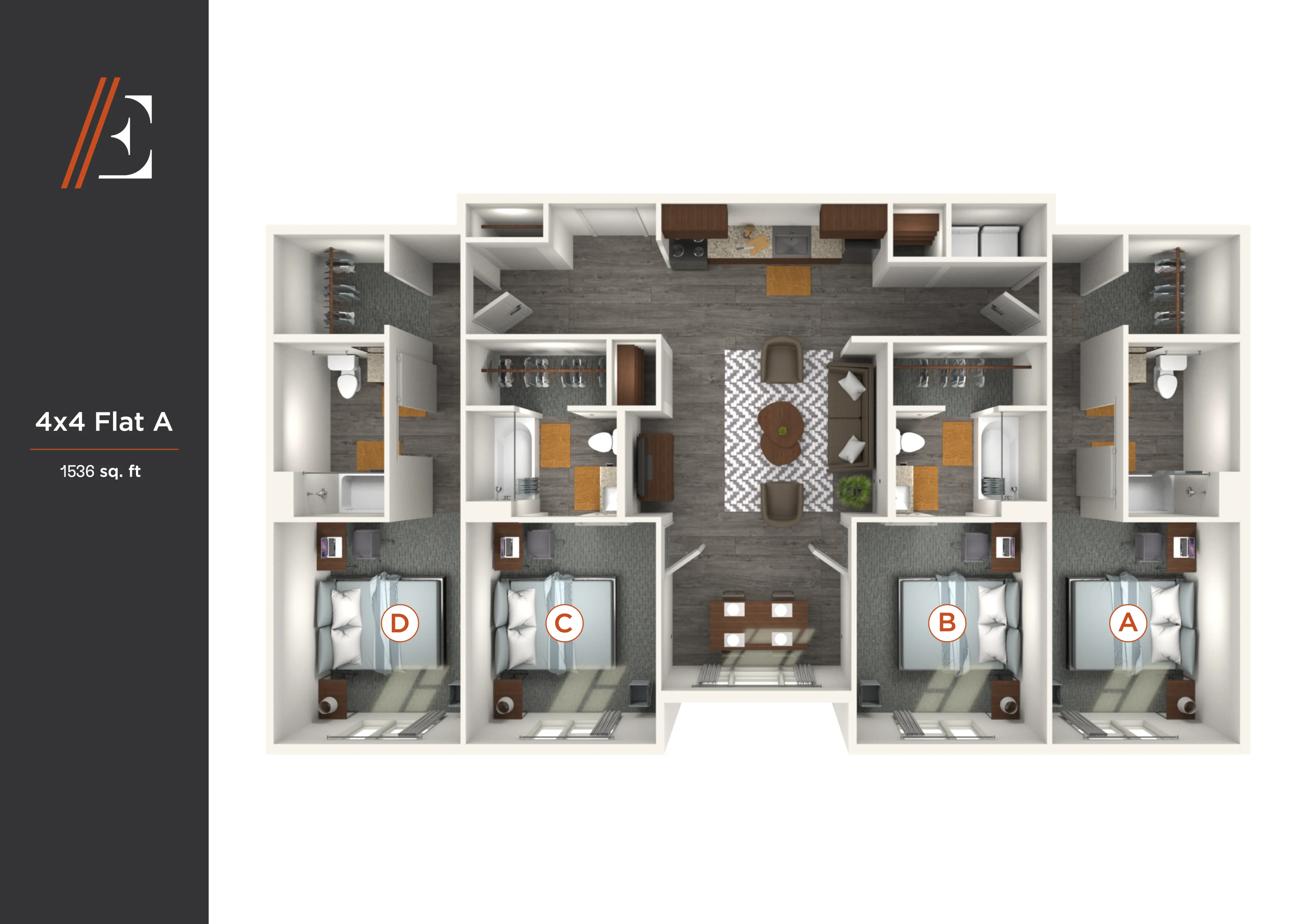 Modern 3D floor plan for Flat A featuring four spacious bedrooms, an open-concept kitchen with dining area, and elegant living space, totaling 1536 sq ft.