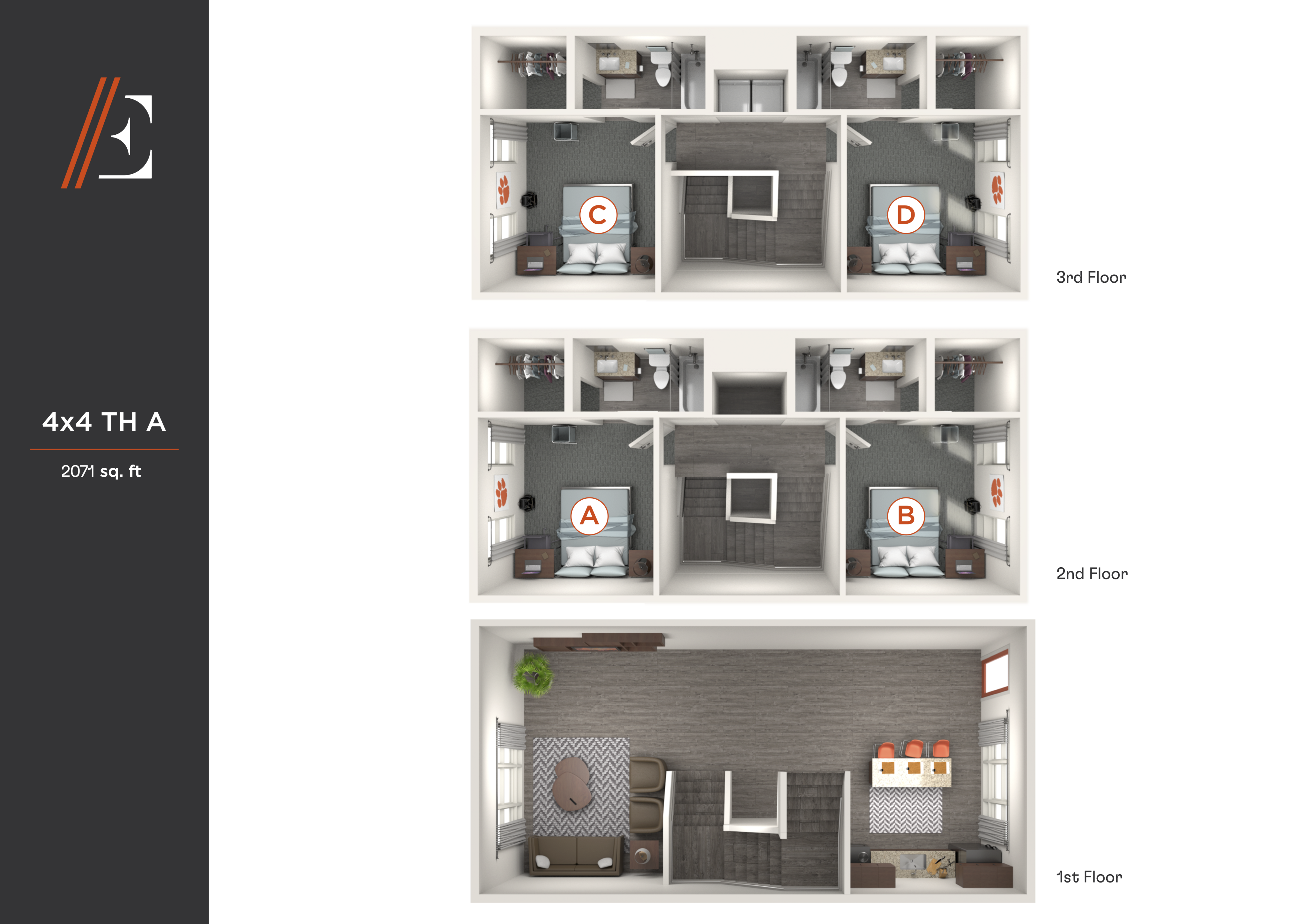 Elegant 3D floor plan of a 4x4 townhome with 2071 sq ft, showcasing three floors with four spacious bedrooms, modern bathrooms, and an inviting open-concept living area.
