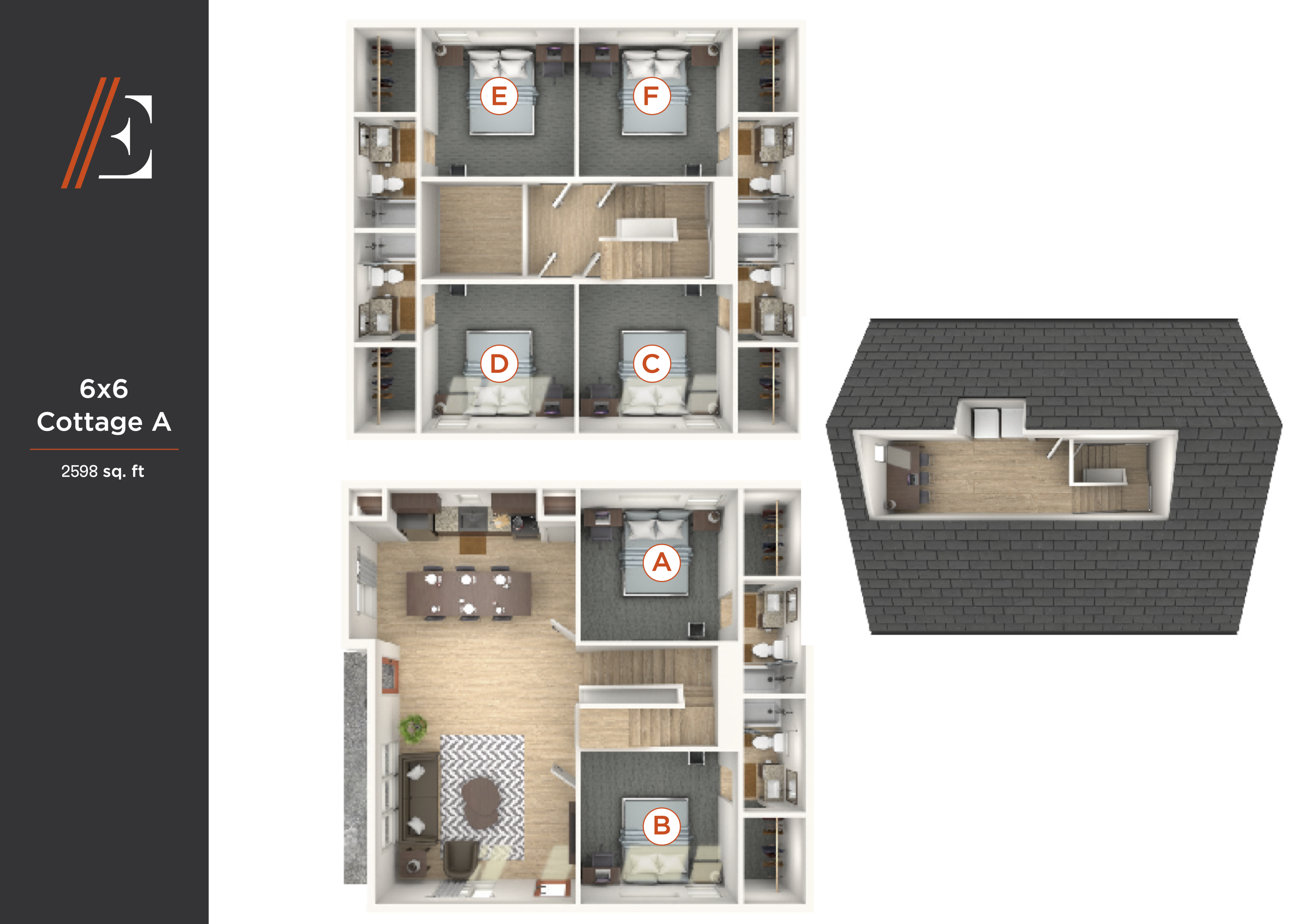 Charming 6x6 Cottage A floor plan with 5 bedrooms, an expansive living area, and a modern kitchen, covering 2598 sq ft.