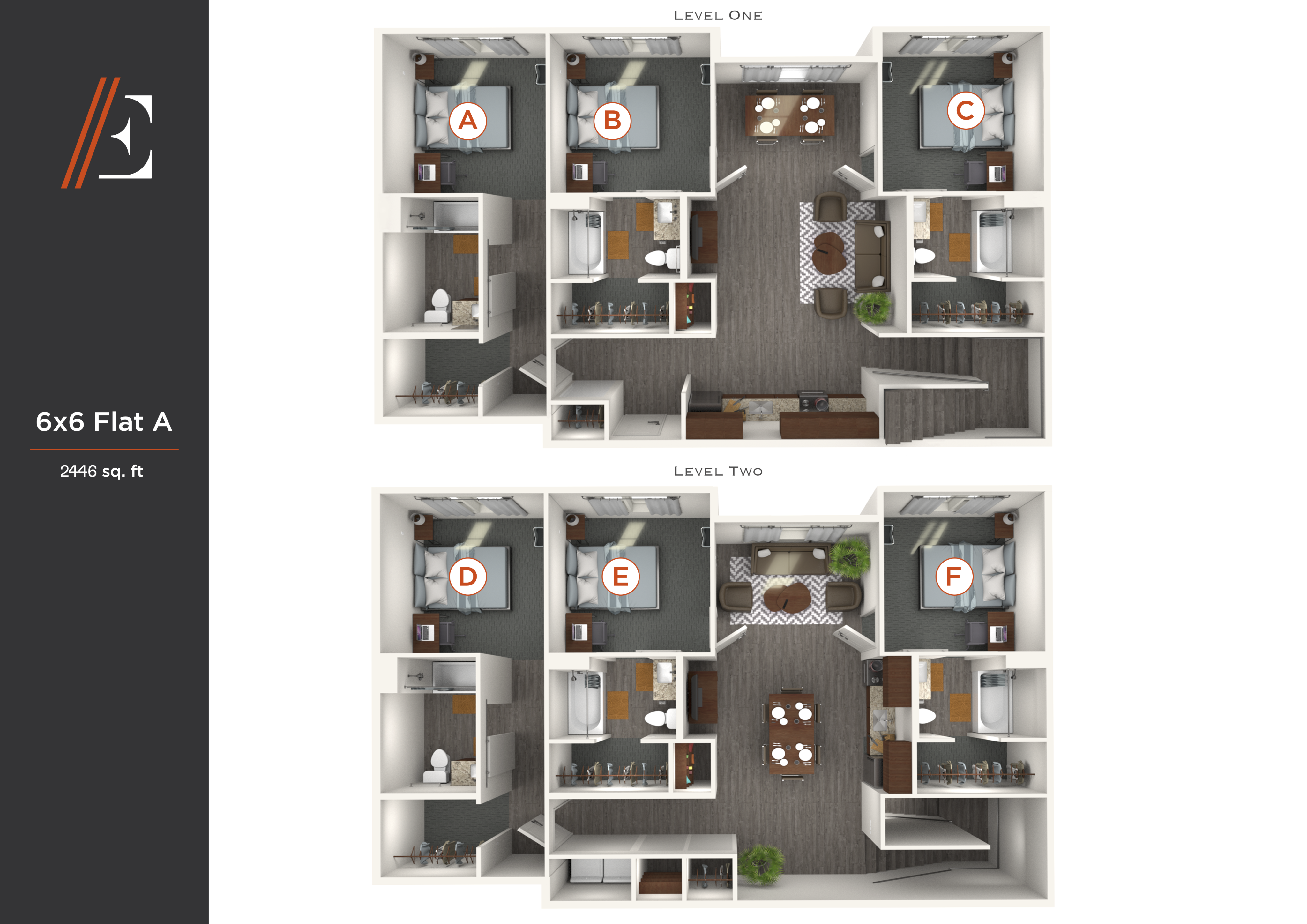 Modern 6x6 Flat A floor plan showcasing a spacious 2446 sq. ft. layout with six bedrooms, elegant dining areas, and open-concept living spaces across two levels.
