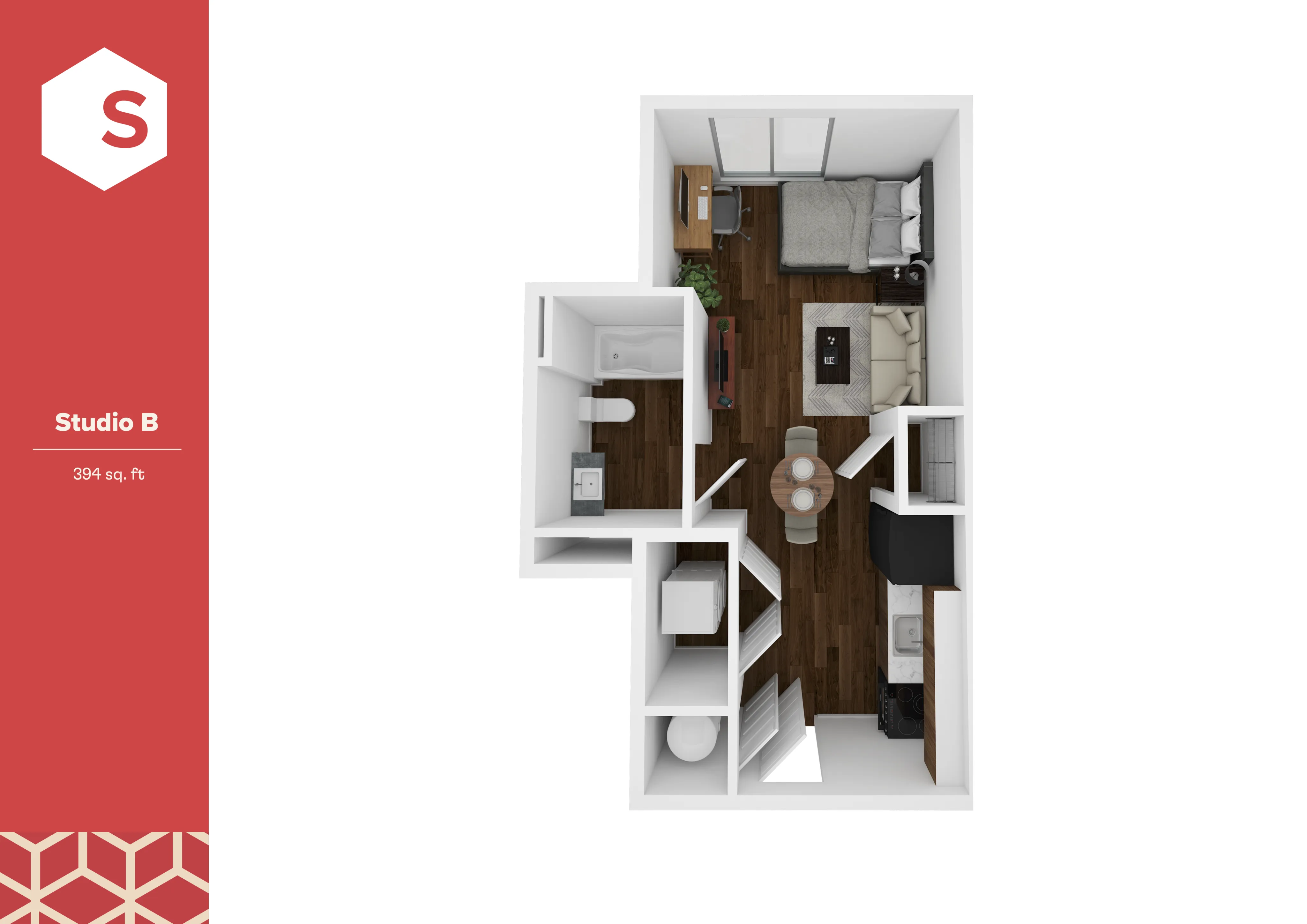 Contemporary Studio B floor plan with open bedroom, cozy living area, and compact kitchen, spanning 394 sq ft.