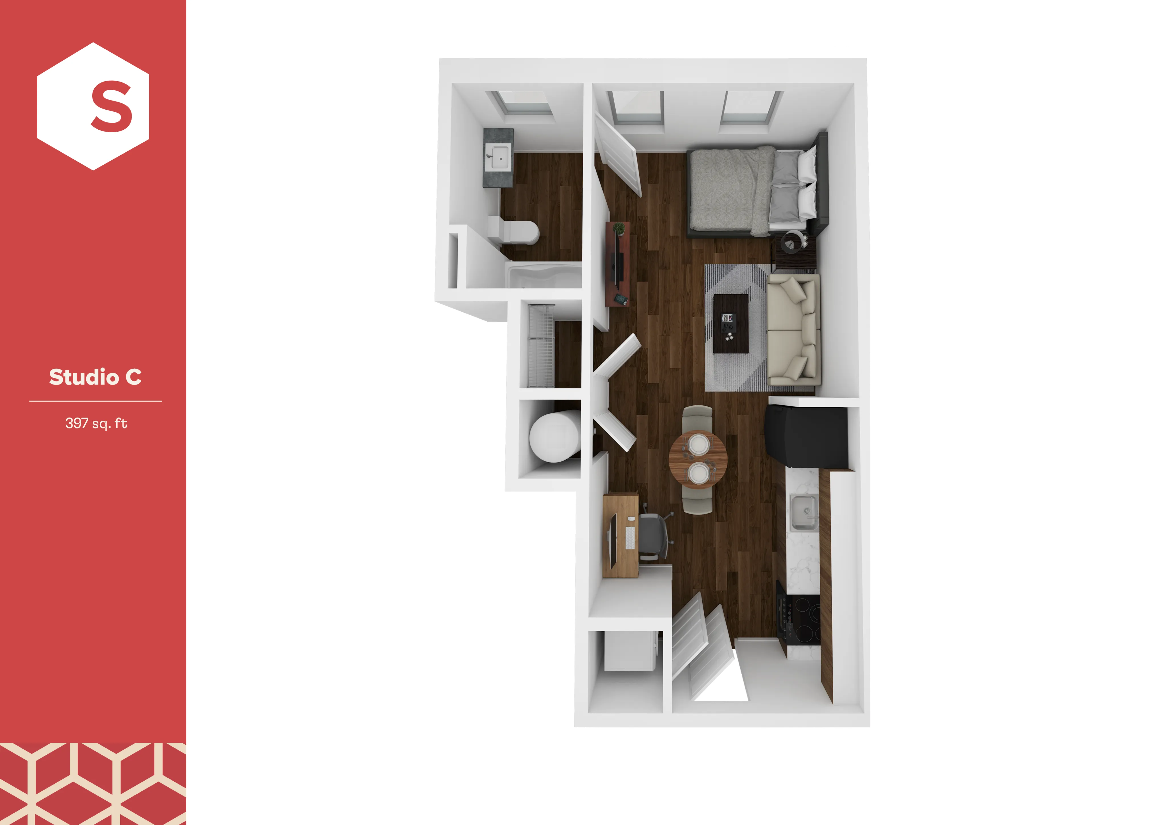 Chic Studio C floor plan with 397 sq. ft., featuring modern open layout, cozy bedroom, efficient kitchen, and stylish living area.