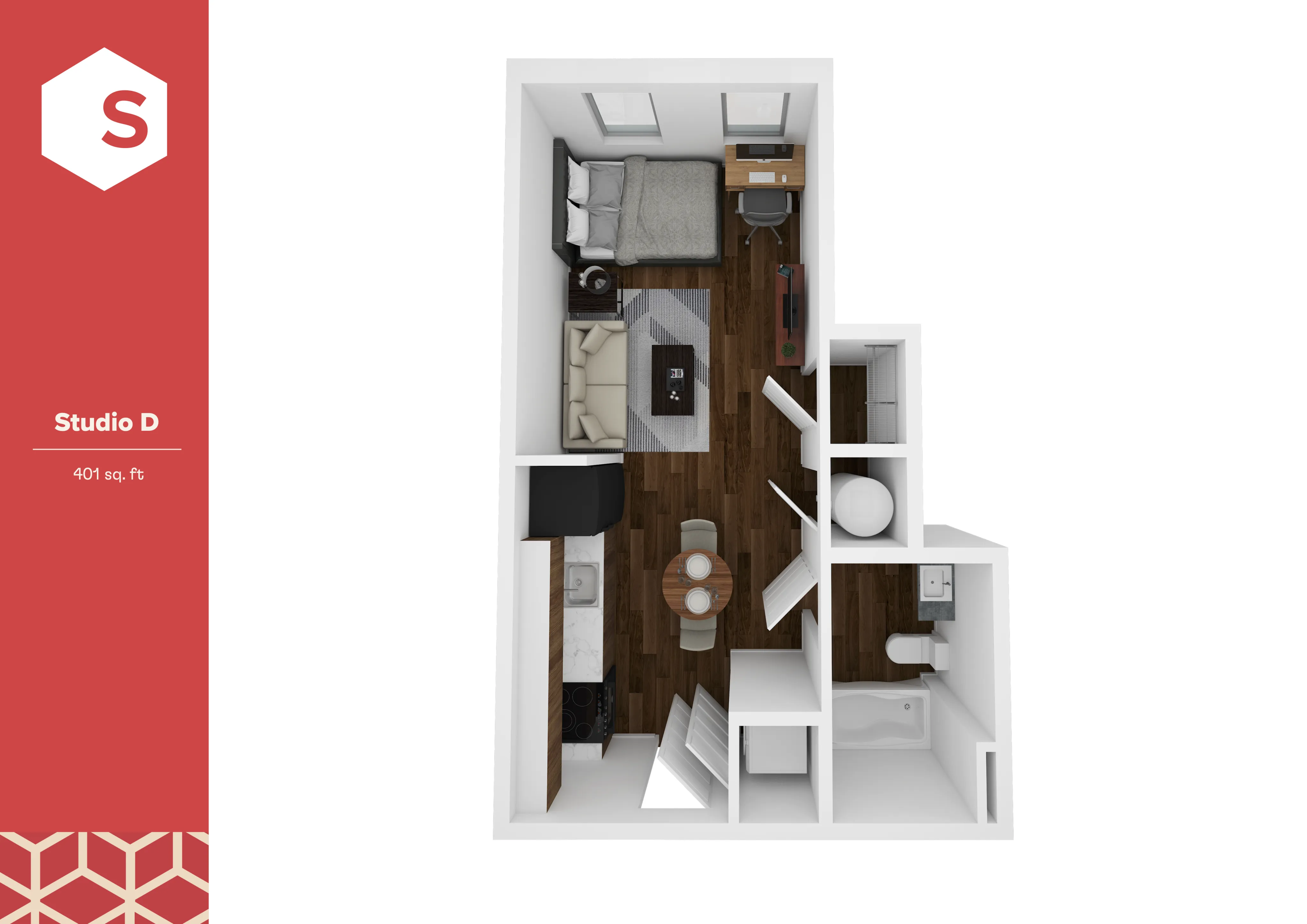 Modern 401 sq. ft. Studio D floor plan featuring an open-concept design with a cozy bedroom, stylish living area, functional kitchen, and sleek bathroom.