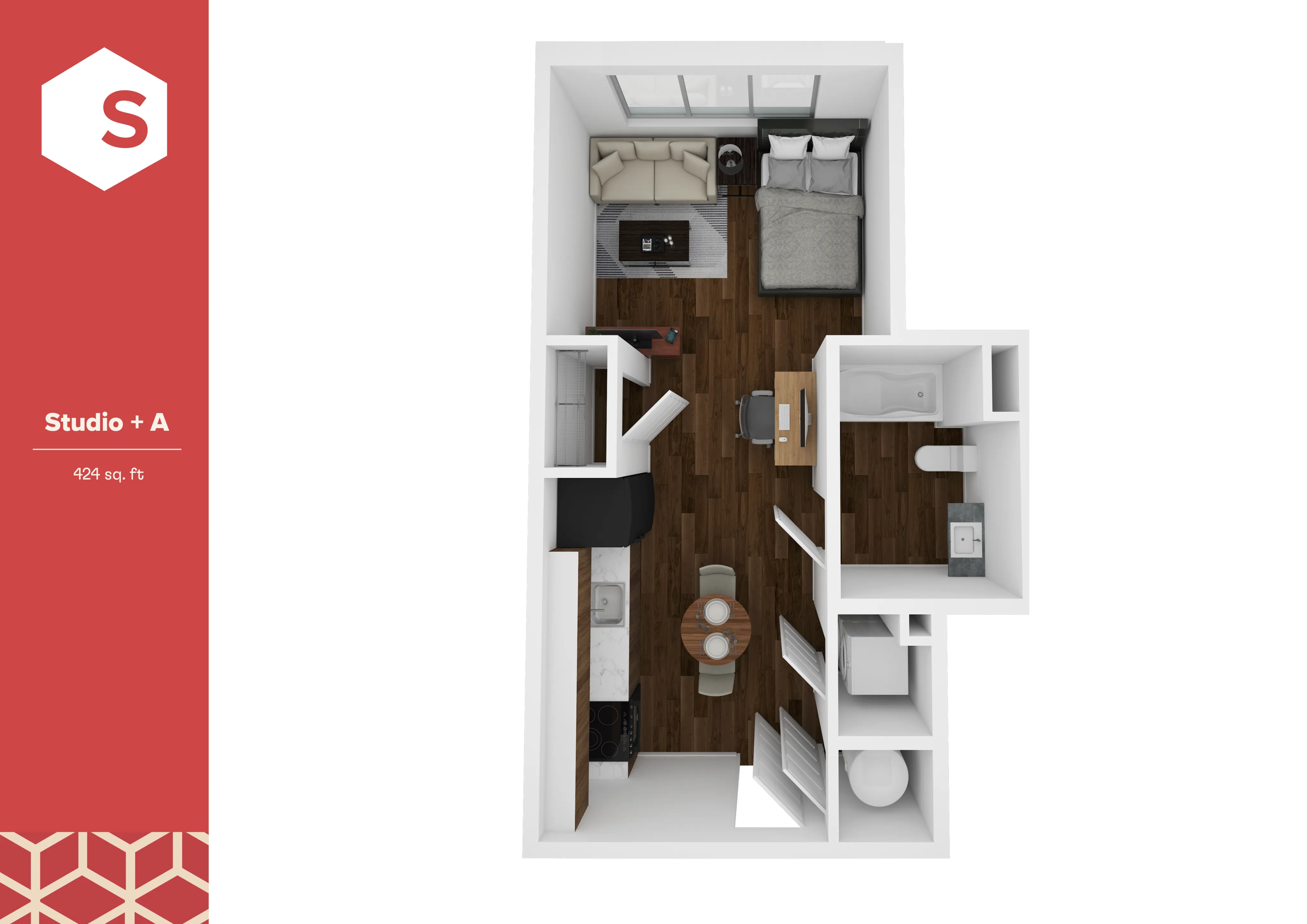 Modern Studio A floor plan showcasing a smart layout with a cozy sleeping area, a welcoming living space, compact kitchen, and a stylish bathroom, all in 424 sq ft.