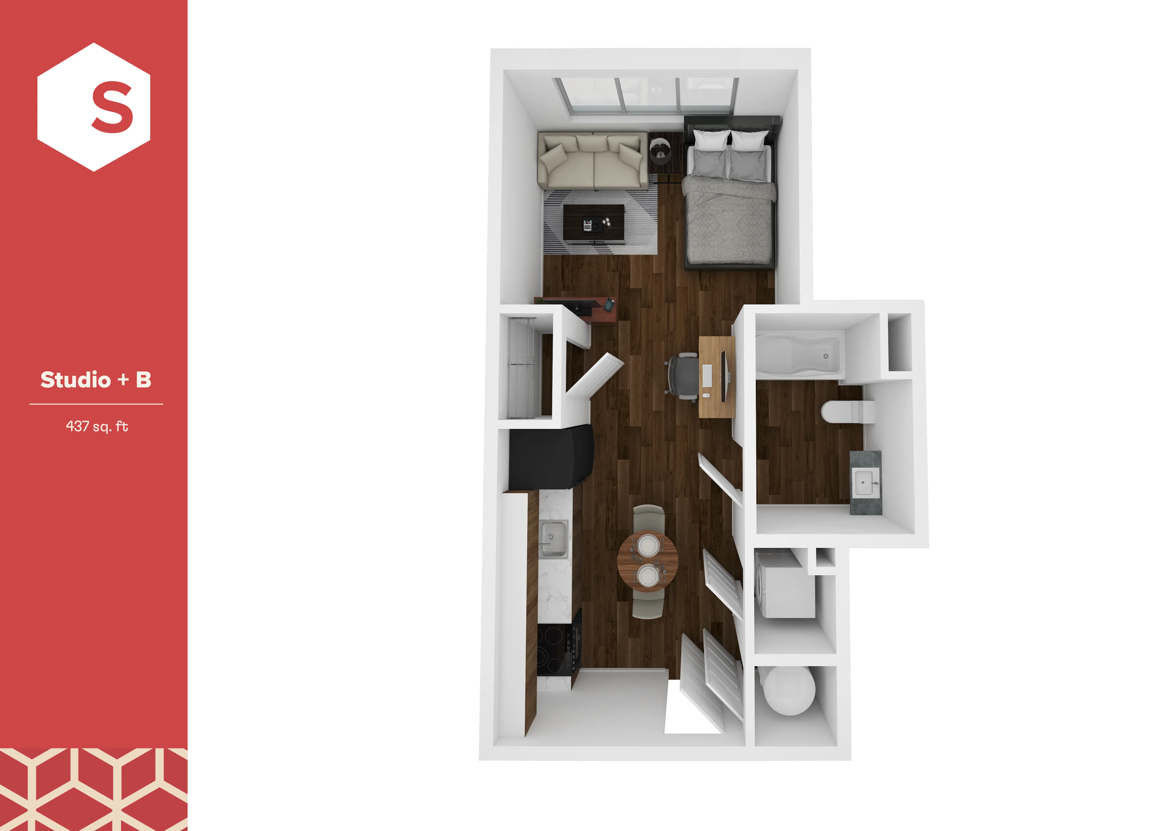 Chic Studio + B floor plan with cozy living area, modern kitchen, and elegant bathroom, spanning 437 sq. ft.