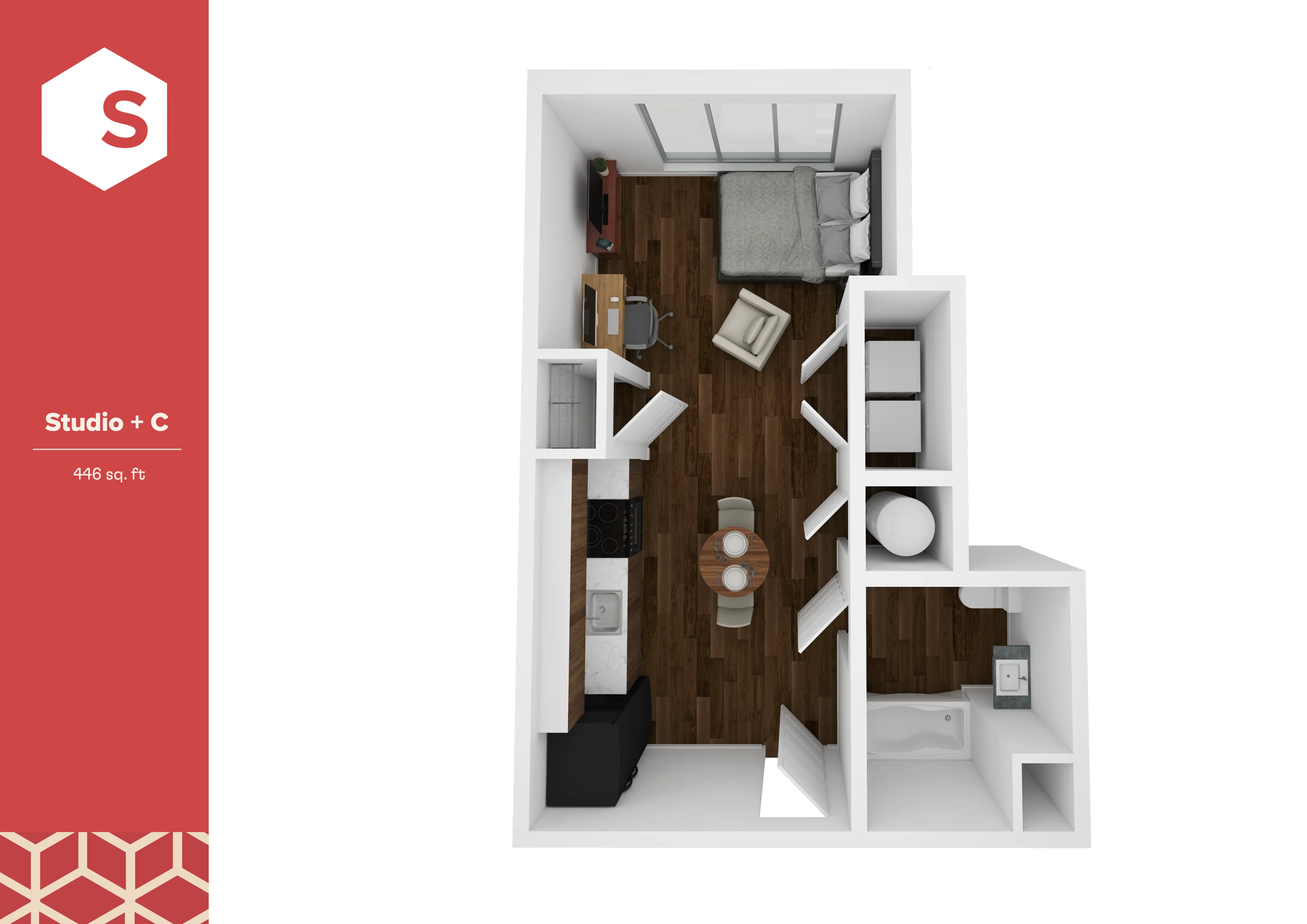Modern studio apartment floor plan featuring an open-concept living area, sleek kitchen, and cozy workspace within 446 sq. ft.