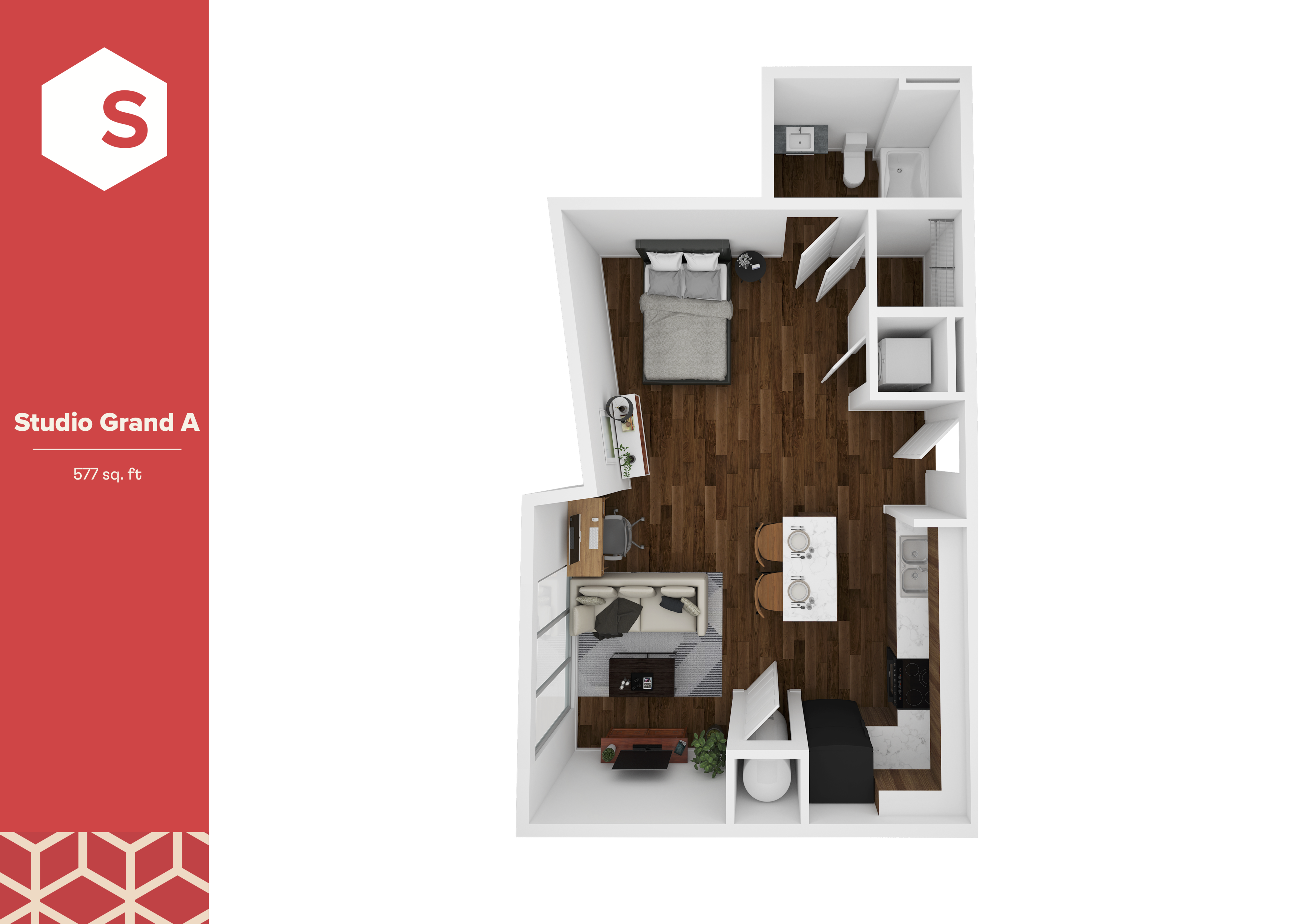Modern Studio Grand A floor plan with open living area, stylish kitchen, cozy bedroom, and elegant hardwood flooring, 577 sq ft.