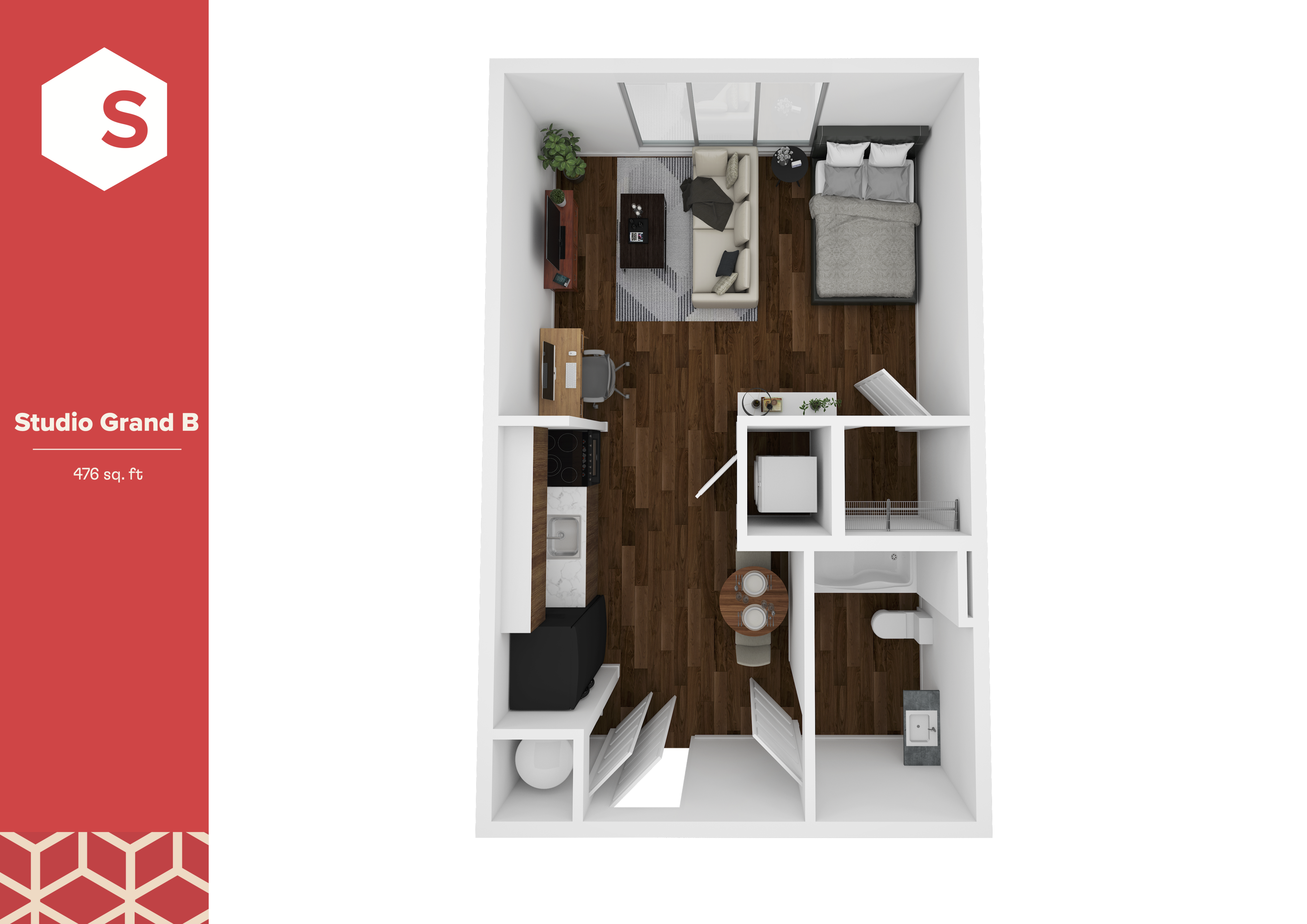 Chic Studio Grand B floor plan with open layout, cozy sleeping area, elegant bathroom, and modern kitchen in 476 sq ft.