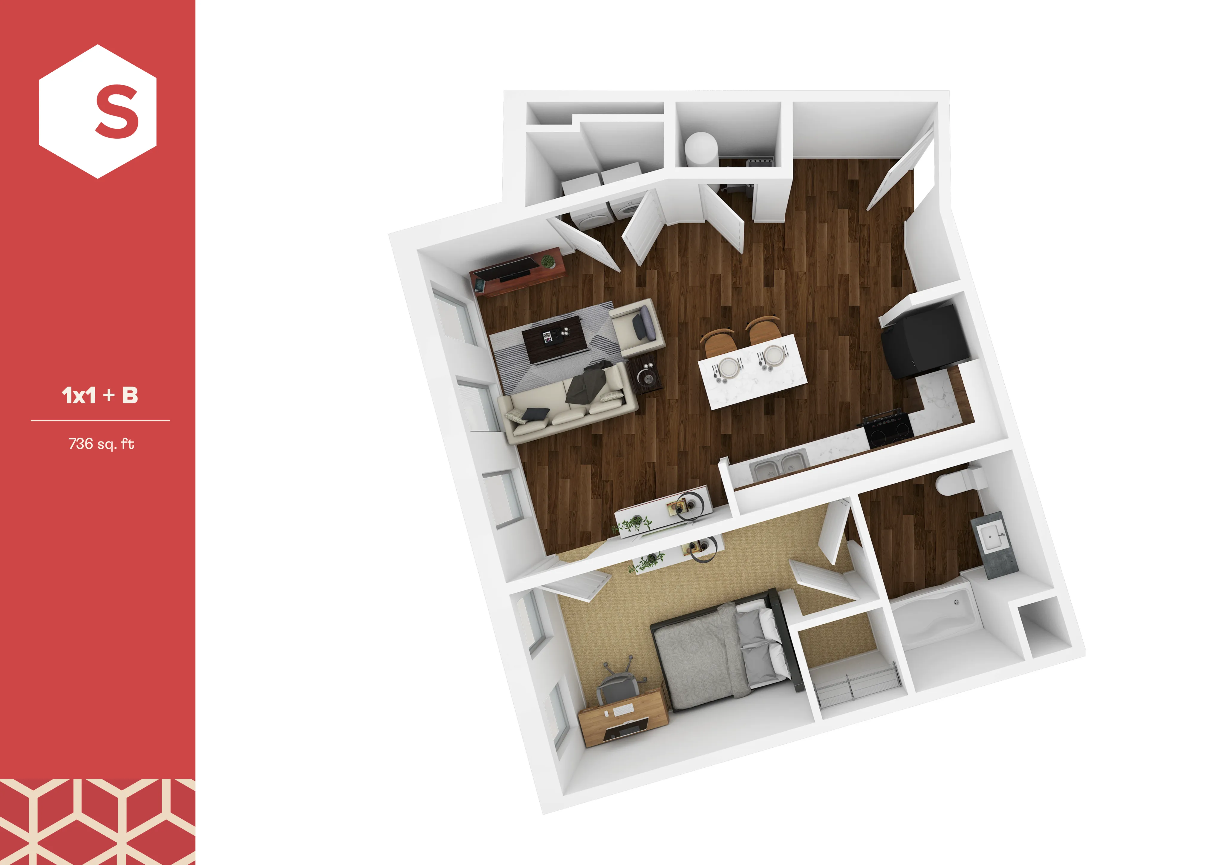Modern 3D floor plan of a 1x1 + B apartment with 736 sq. ft., featuring an open living area, sleek kitchen, cozy bedroom, and stylish wood flooring.