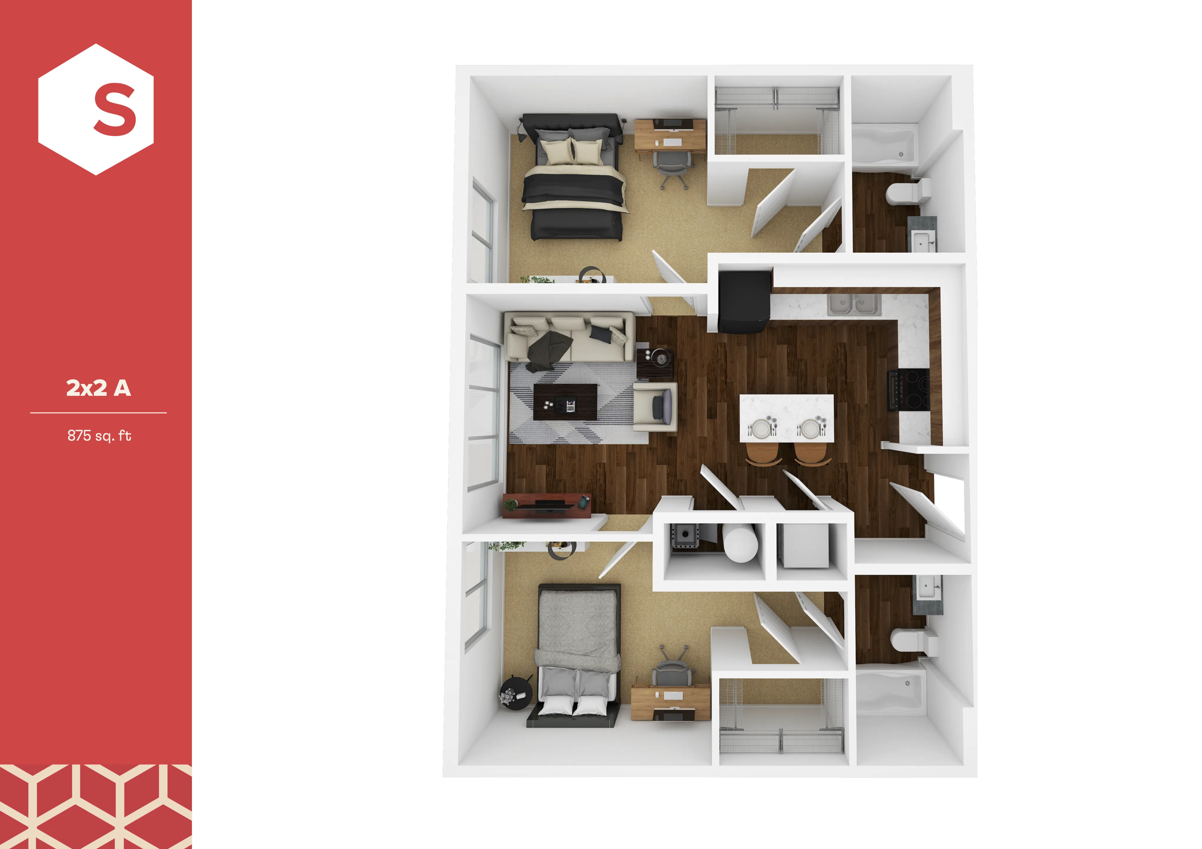 Modern 3D floor plan of an 875 sq. ft. unit showcasing 2 bedrooms, 2 bathrooms, a stylish living room, and a contemporary open kitchen design.