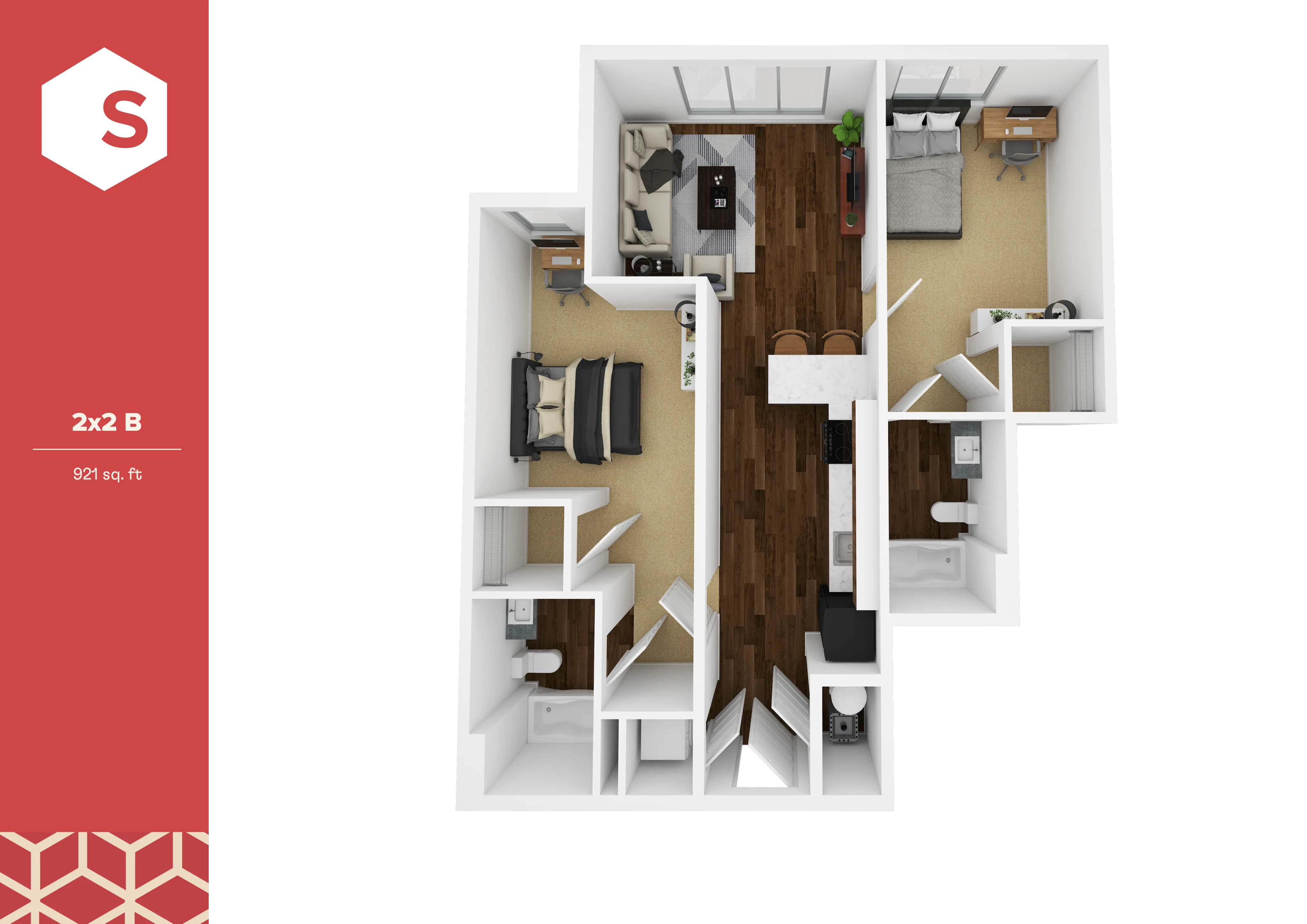 Contemporary 3D floor plan of 2x2 B layout featuring a sleek design with two bedrooms, a modern kitchen, elegant living area, and two bathrooms, spanning 921 sq. ft.