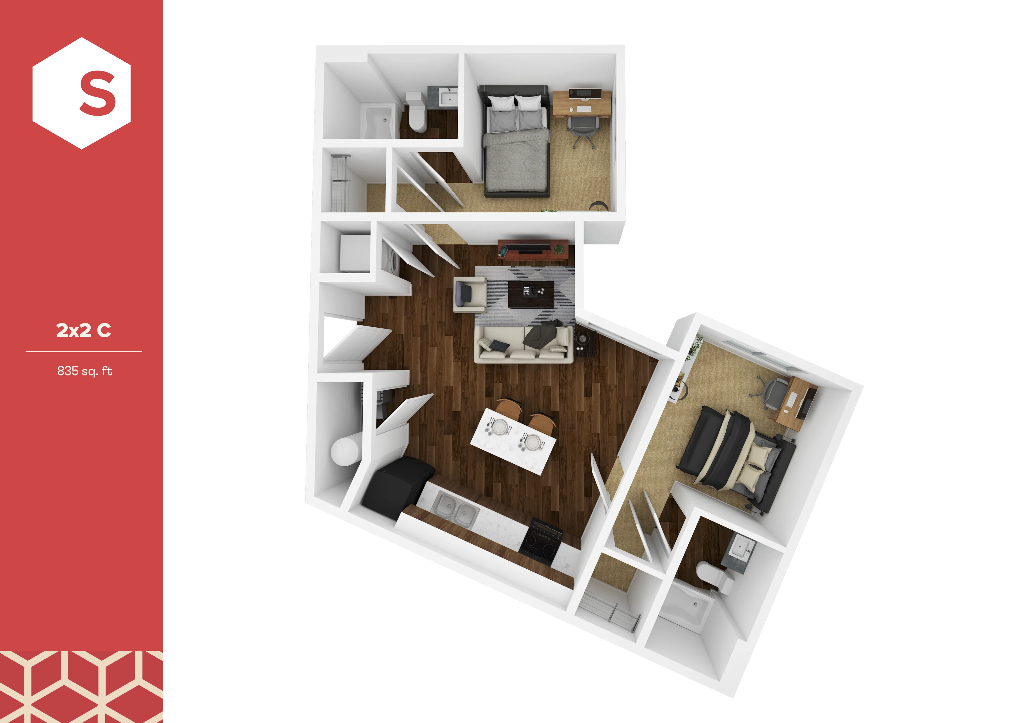 Modern 3D floor plan of an 835 sq. ft. apartment featuring 2 cozy bedrooms, an inviting open living area, and a practical kitchen layout.