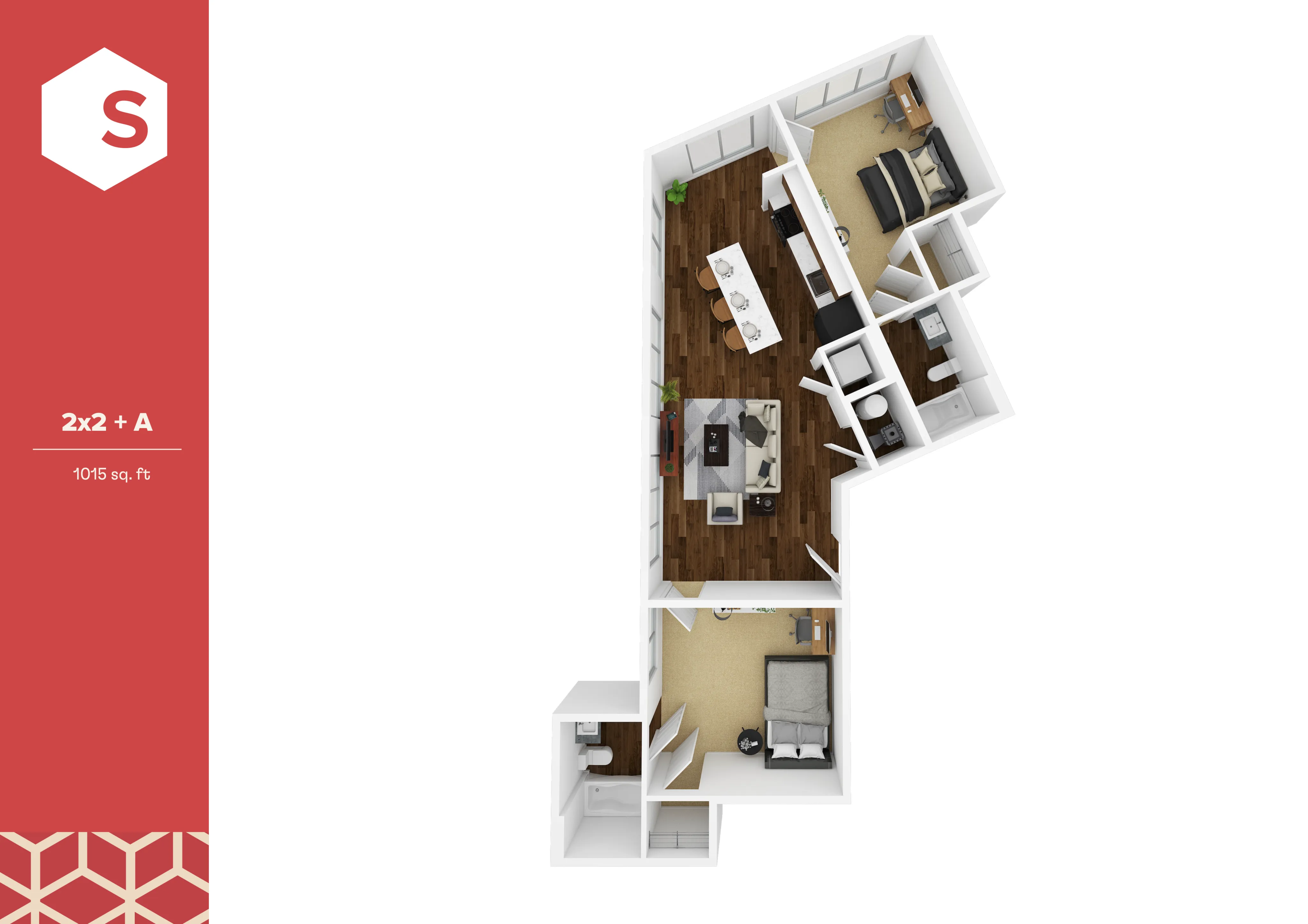 Modern 3D floor plan of a 2 bedroom apartment with an open-concept living and dining area, stylish kitchen, and two bathrooms, spanning 1015 sq. ft.