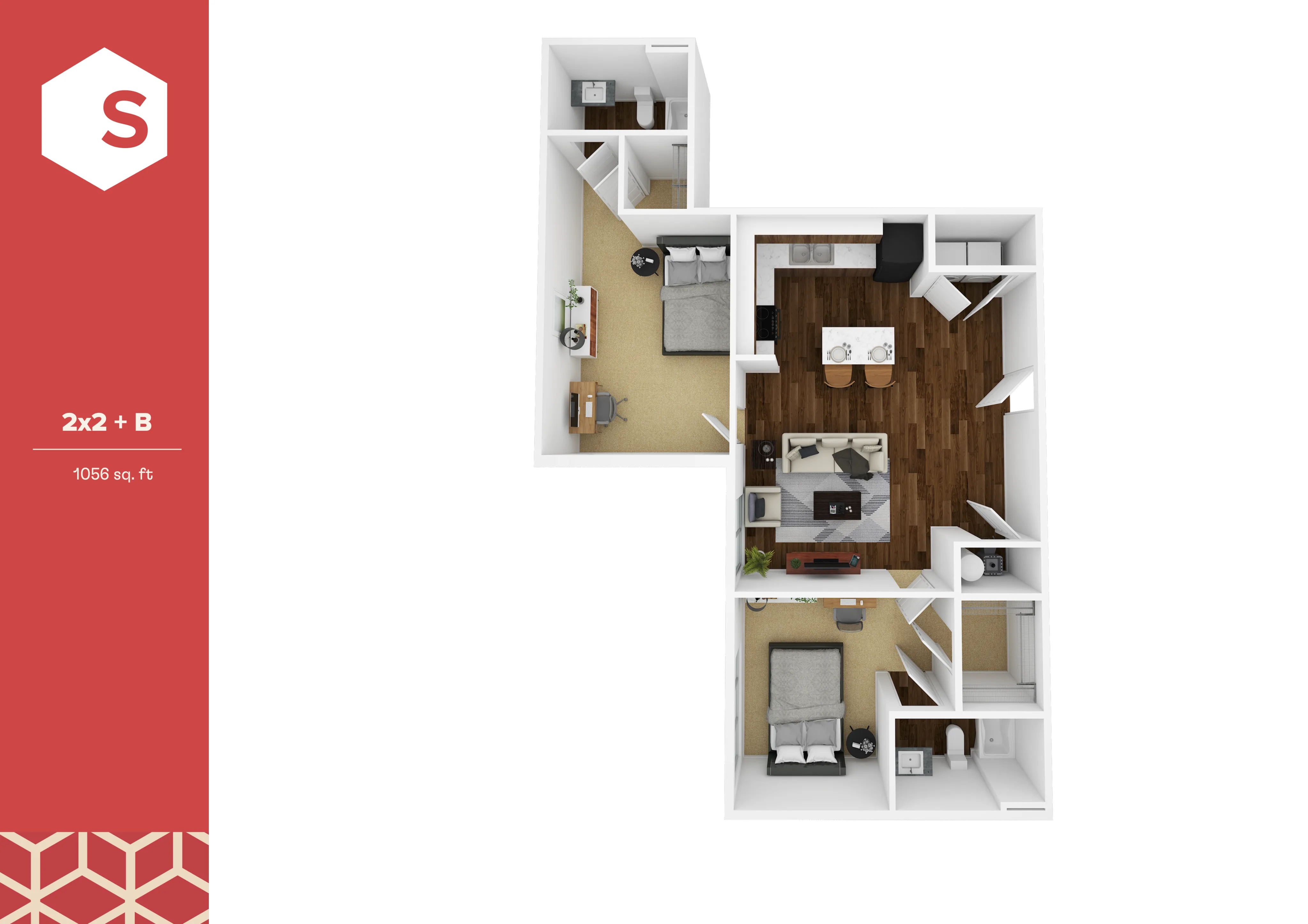 Modern 3D floor plan showcasing 2 bedrooms, stylish living area, and a sleek kitchen in a spacious 1056 sq ft layout.