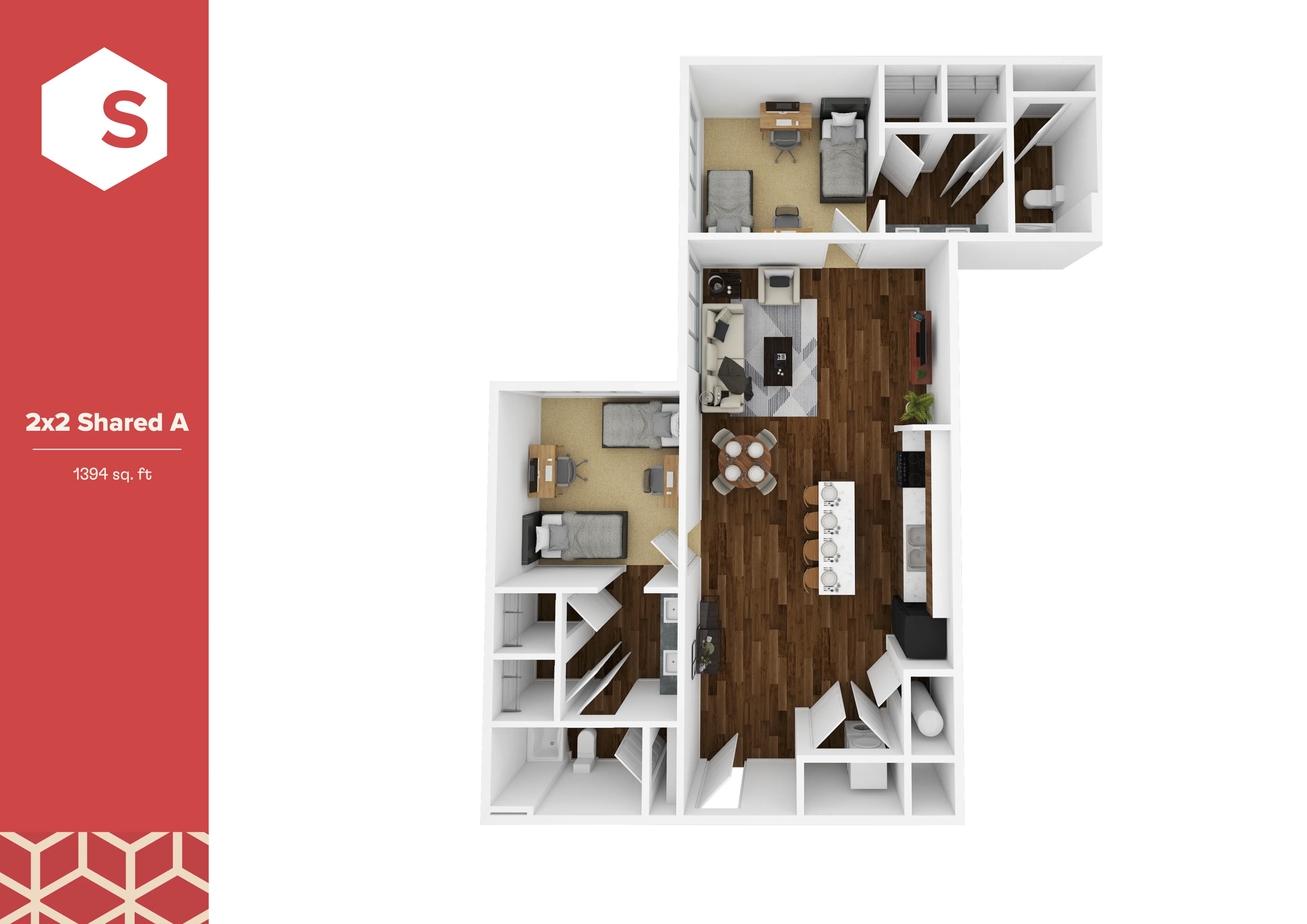 Modern 3D floor plan featuring 2 bedrooms, an open-concept living and dining area, and a sleek kitchen layout, covering 1394 sq. ft.